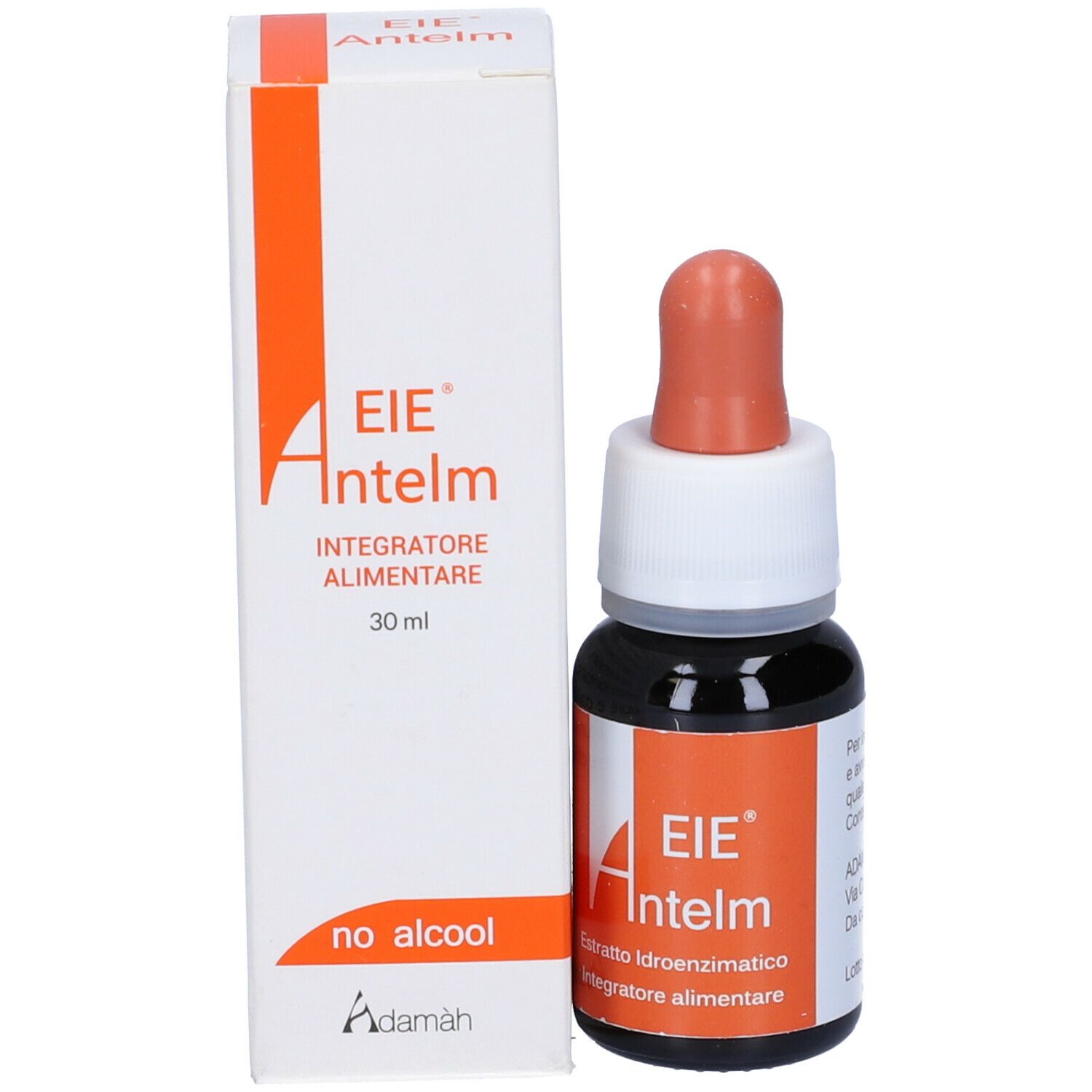 Braune Glasflasche mit Tropfer und Verpackung. Aufkleber mit weißer Schrift auf orangefarbenem Hintergrund. Produktname: EIE Antelm.