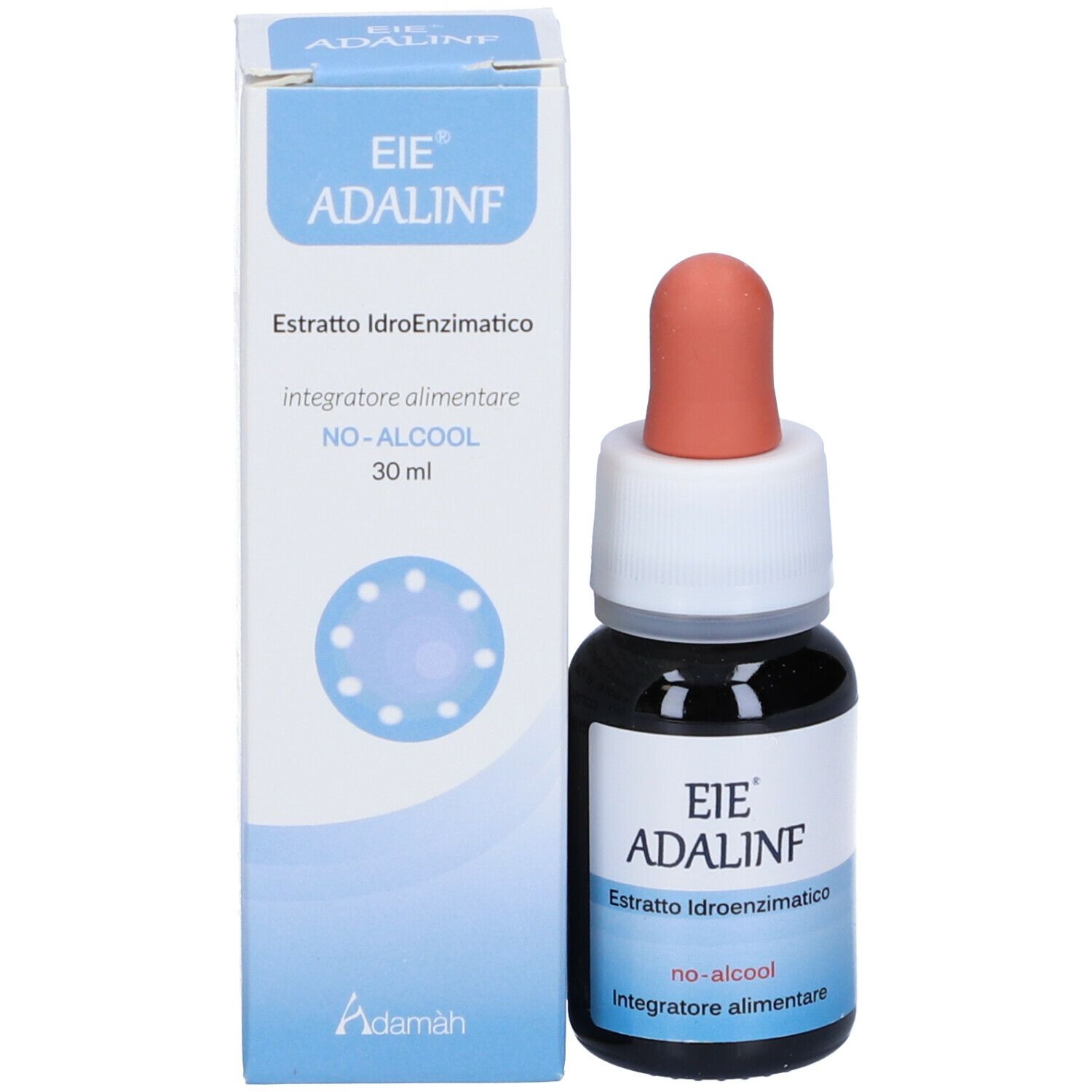 Flacon en verre brun avec compte-gouttes et emballage. Inscription : EIE ADALINF, Estratto Idroenzimatico, no-alcool, Integratore alimentare.