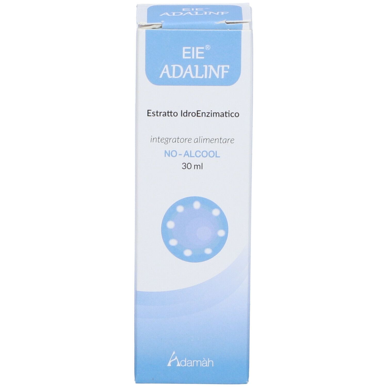 Emballage et flacon en verre brun avec compte-gouttes. Inscription : EIE ADALINF, Estratto Idroenzimatico, no-alcool, Integratore alimentare.