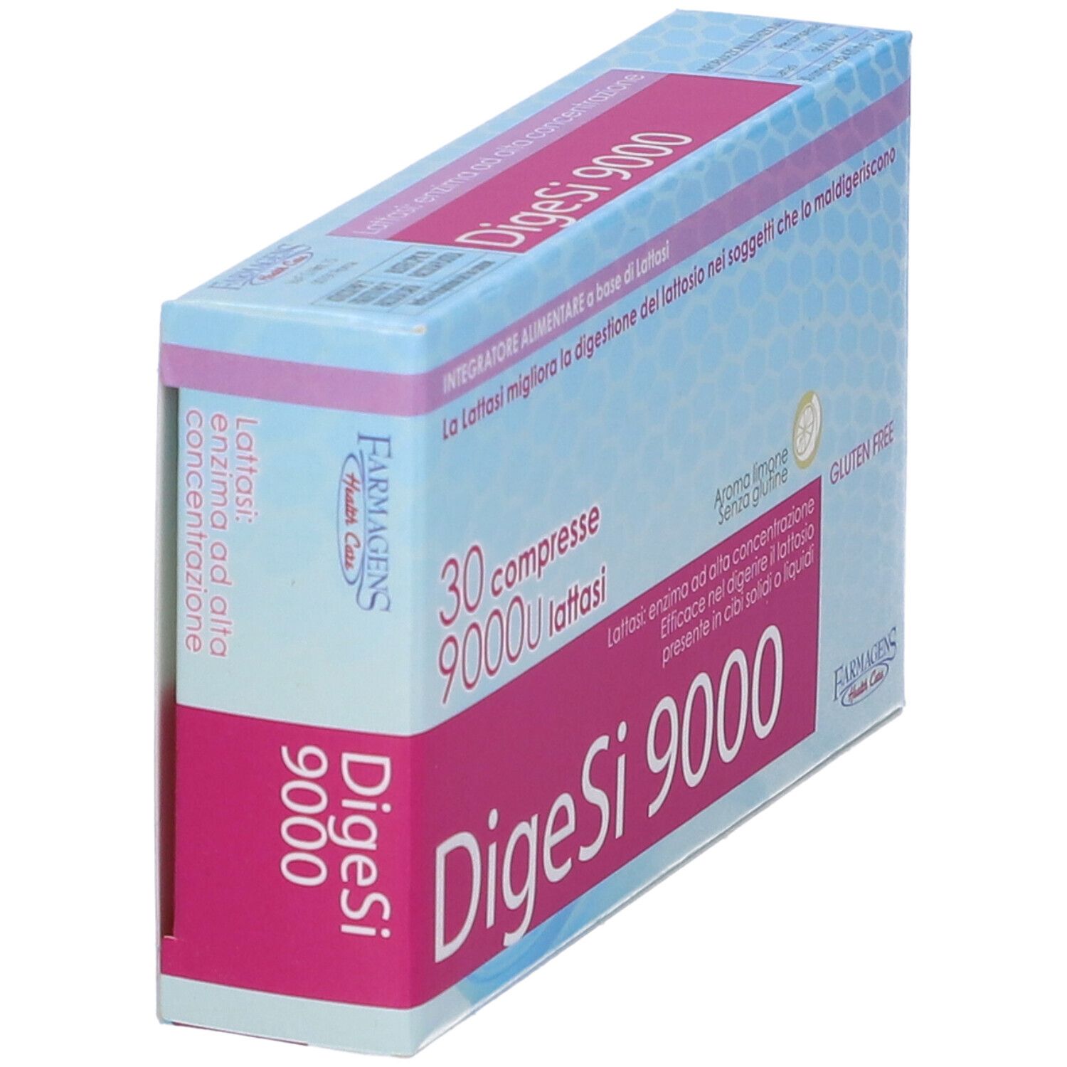 Boîte "DigeSi 9000" avec 30 comprimés. 9000U lactase. Sans gluten. FarmaGens Health Care. Vue en angle.