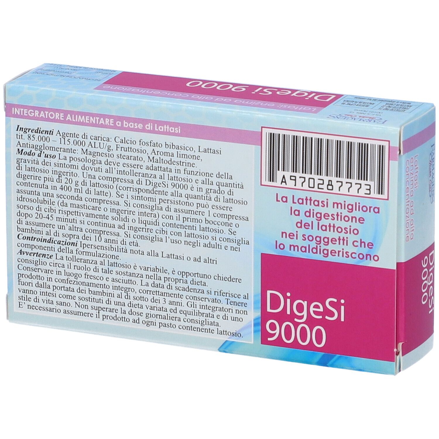 Dos de la boîte "DigeSi 9000". Ingrédients, mode d'emploi, avertissements. Code-barres.