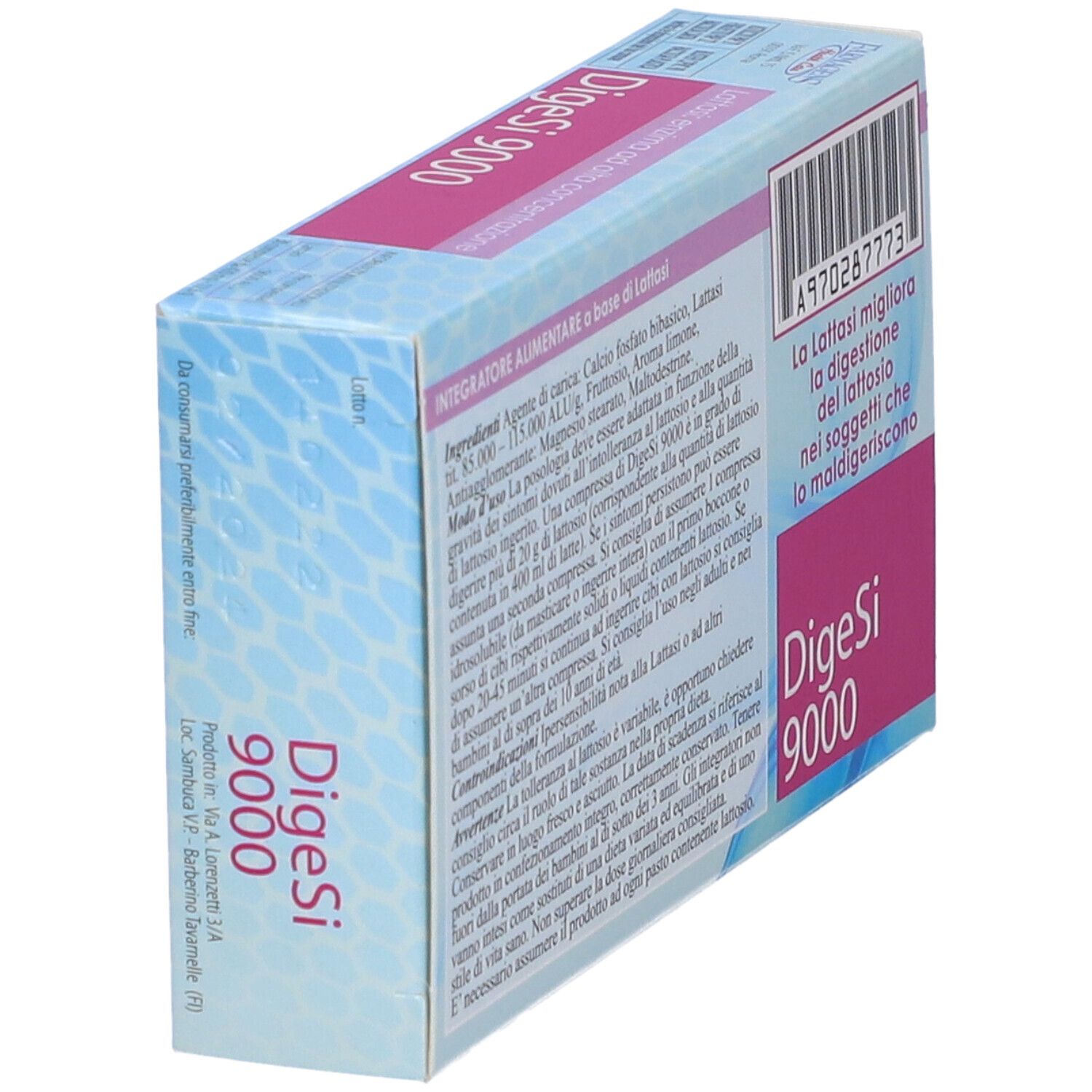 Boîte "DigeSi 9000" vue arrière. Ingrédients, mode d'emploi, avertissements. Code-barres.