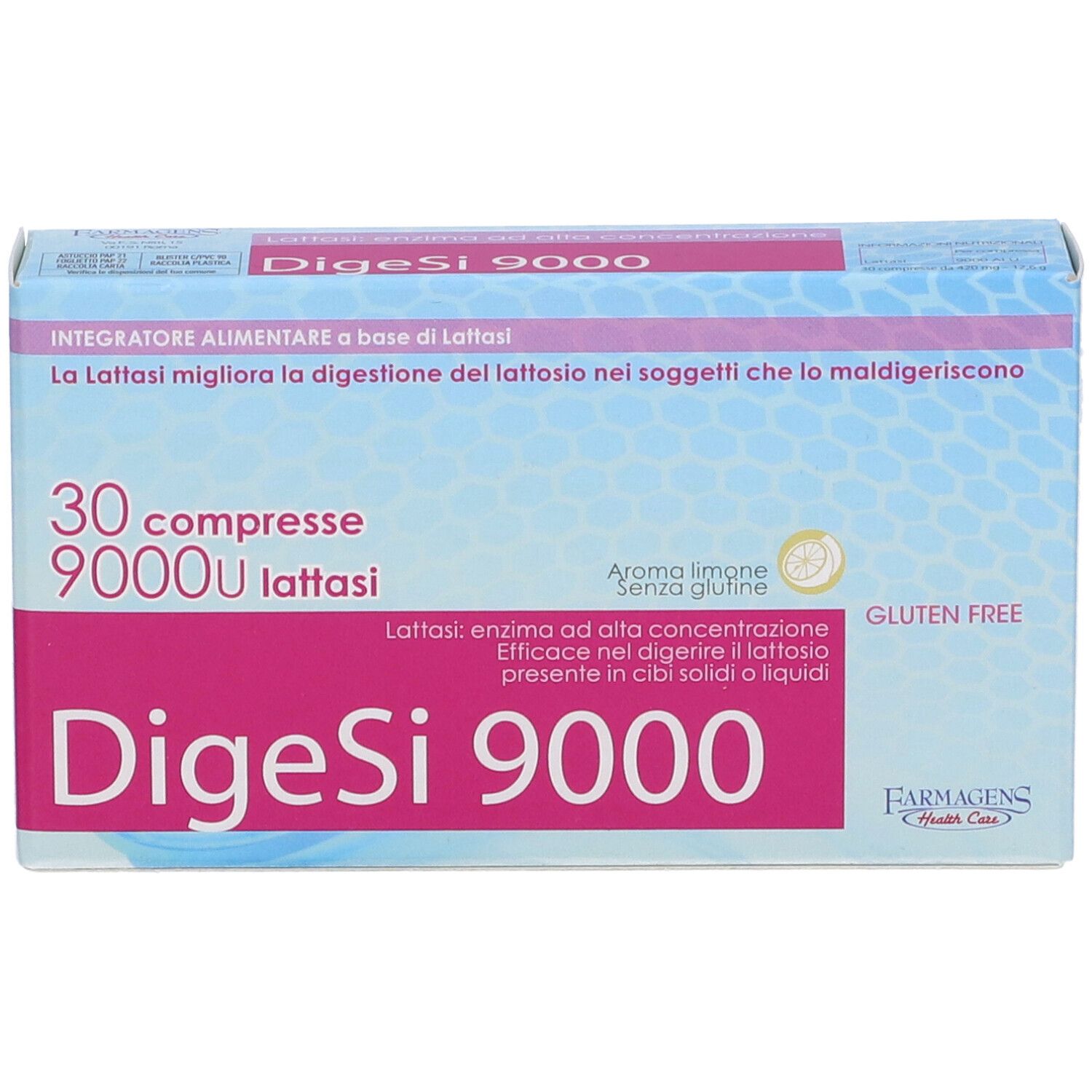 Boîte "DigeSi 9000" avec 30 comprimés. 9000U lactase. Sans gluten. FarmaGens Health Care.