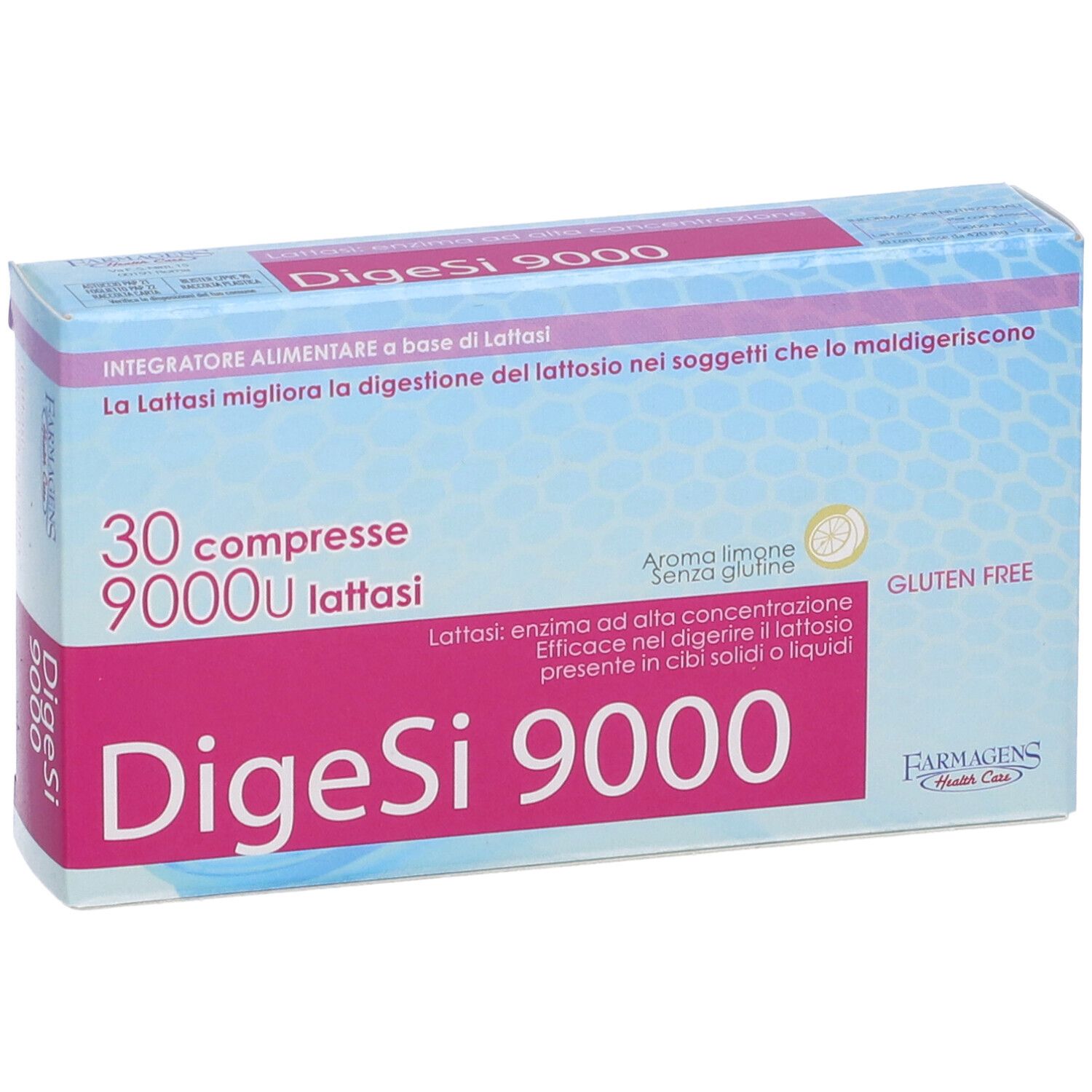 Boîte "DigeSi 9000" avec 30 comprimés. 9000U lactase. Sans gluten. FarmaGens Health Care. Perspective.