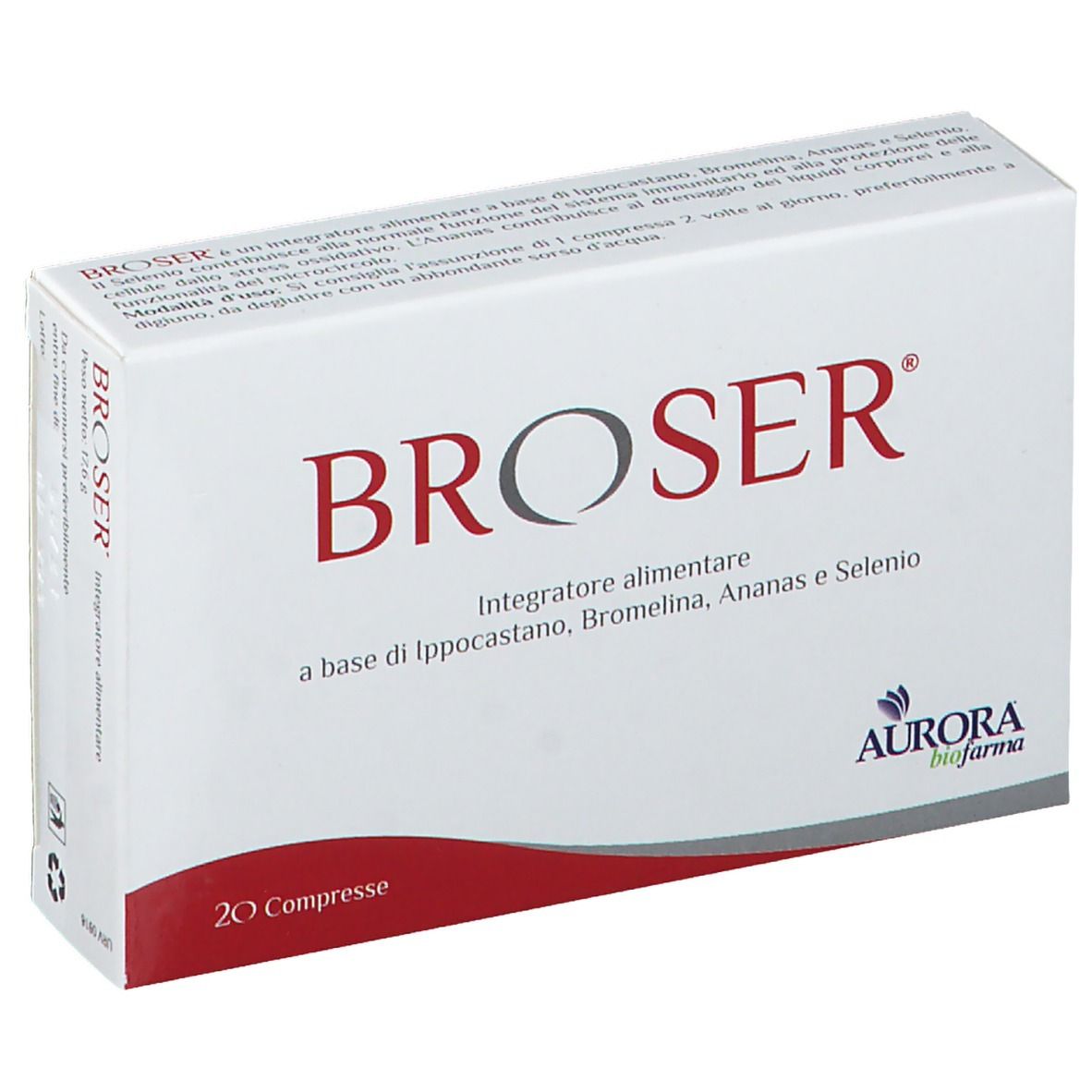 Boîte blanche avec texte BROSER rouge et informations produit. Contient 20 comprimés. Logo Aurora biofarma.