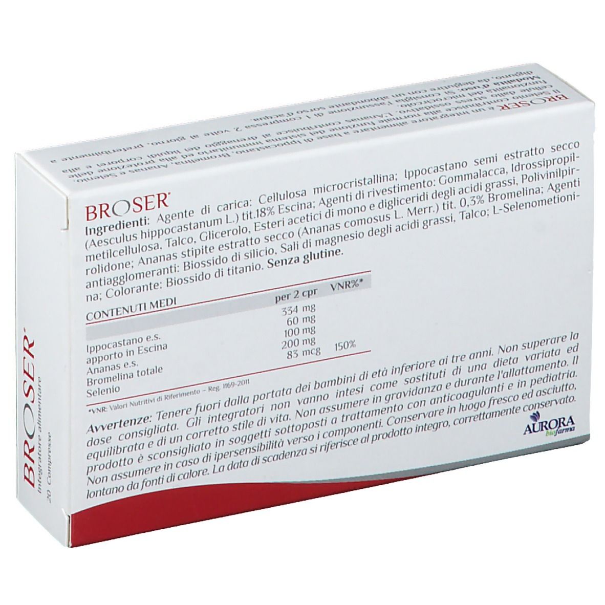 Dos de l'emballage BROSER. Contient ingrédients et informations nutritionnelles. Logo Aurora biofarma.