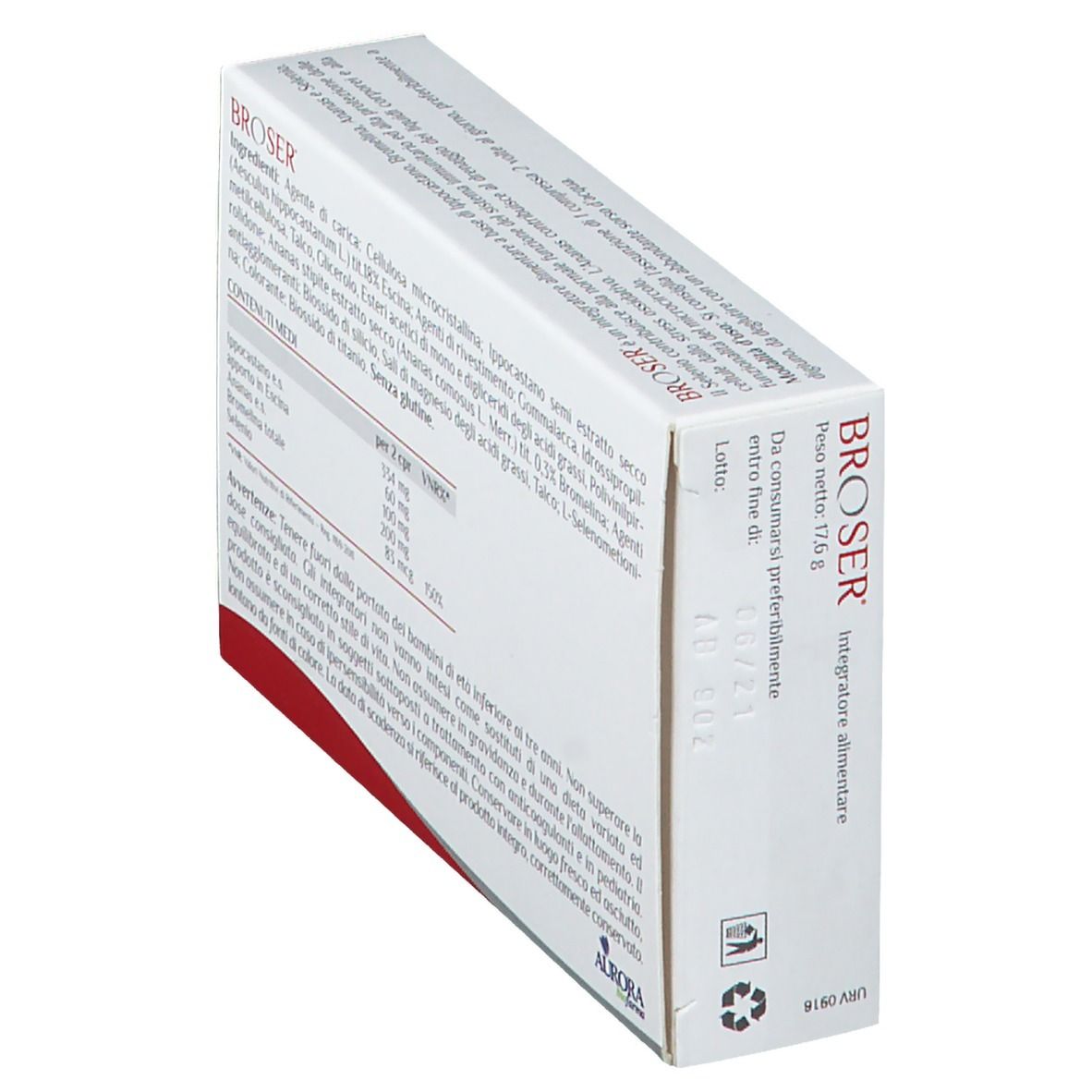 Boîte BROSER, dos avec ingrédients et informations nutritionnelles. Logo Aurora biofarma. Vue en perspective.