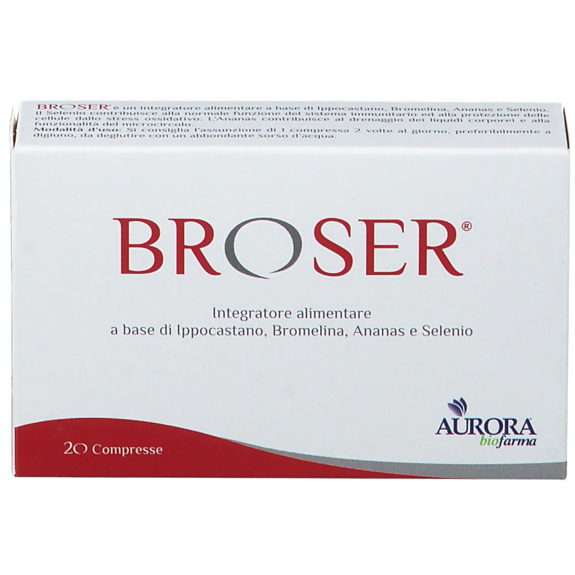 Boîte blanche avec texte BROSER rouge et informations produit. Contient 20 comprimés. Logo Aurora biofarma.