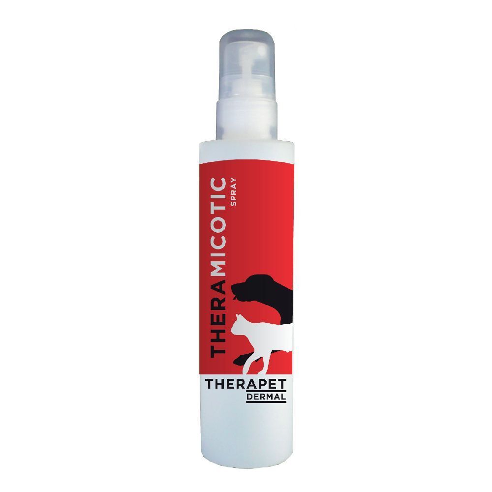 Flacon spray blanc avec étiquette rouge. Inscription: THERAMICOTIC SPRAY, THERAPET DERMAL. Illustration chien et chat.