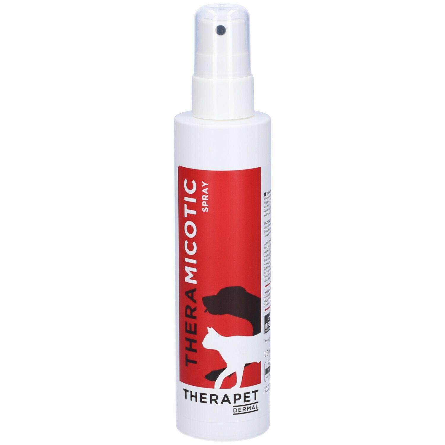 Flacon spray blanc avec étiquette rouge. Inscription: THERAMICOTIC SPRAY, THERAPET DERMAL. Illustration chien et chat.