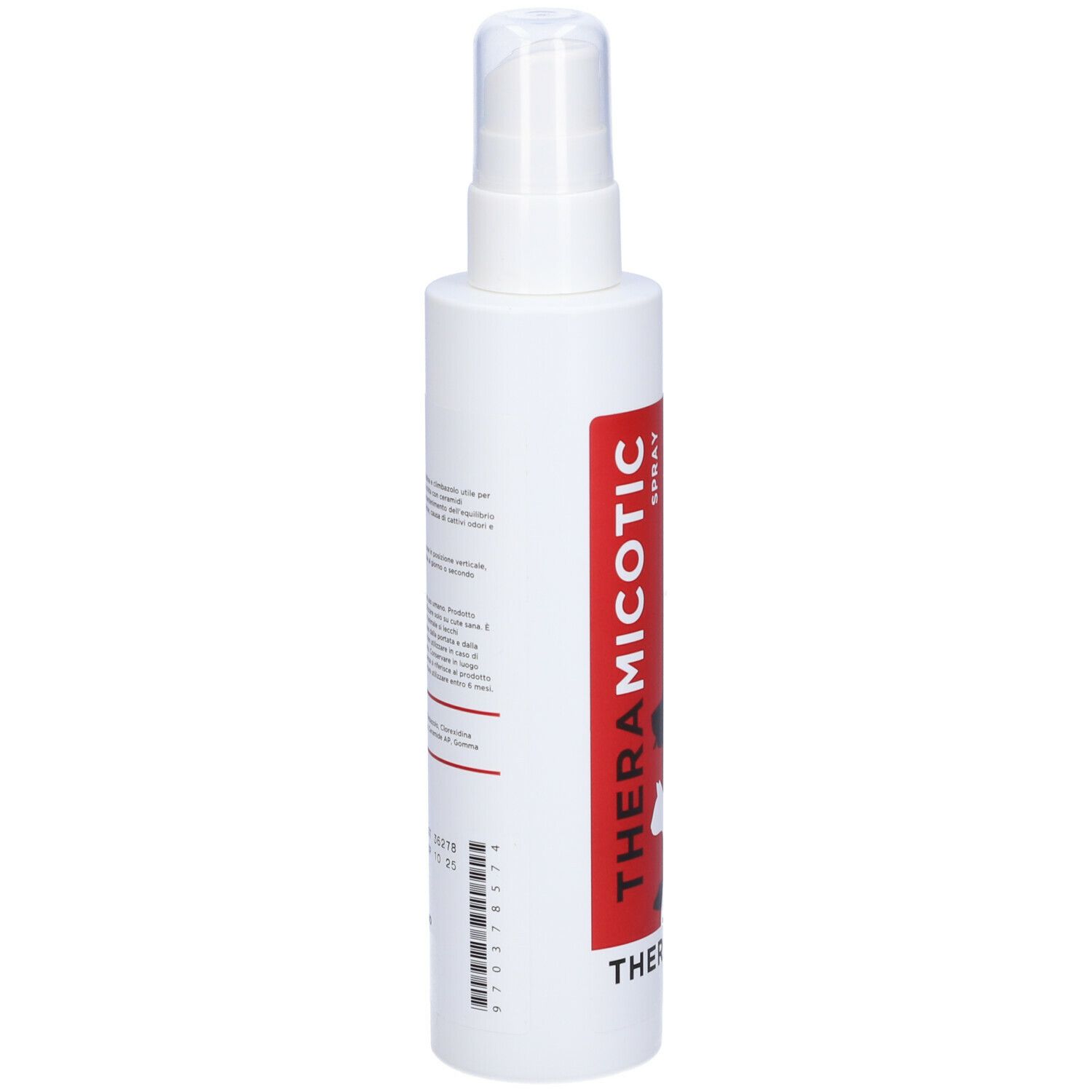 Flacon spray blanc avec étiquette rouge. Inscription: THERAMICOTIC SPRAY, THERAPET. Texte et code-barres au dos.