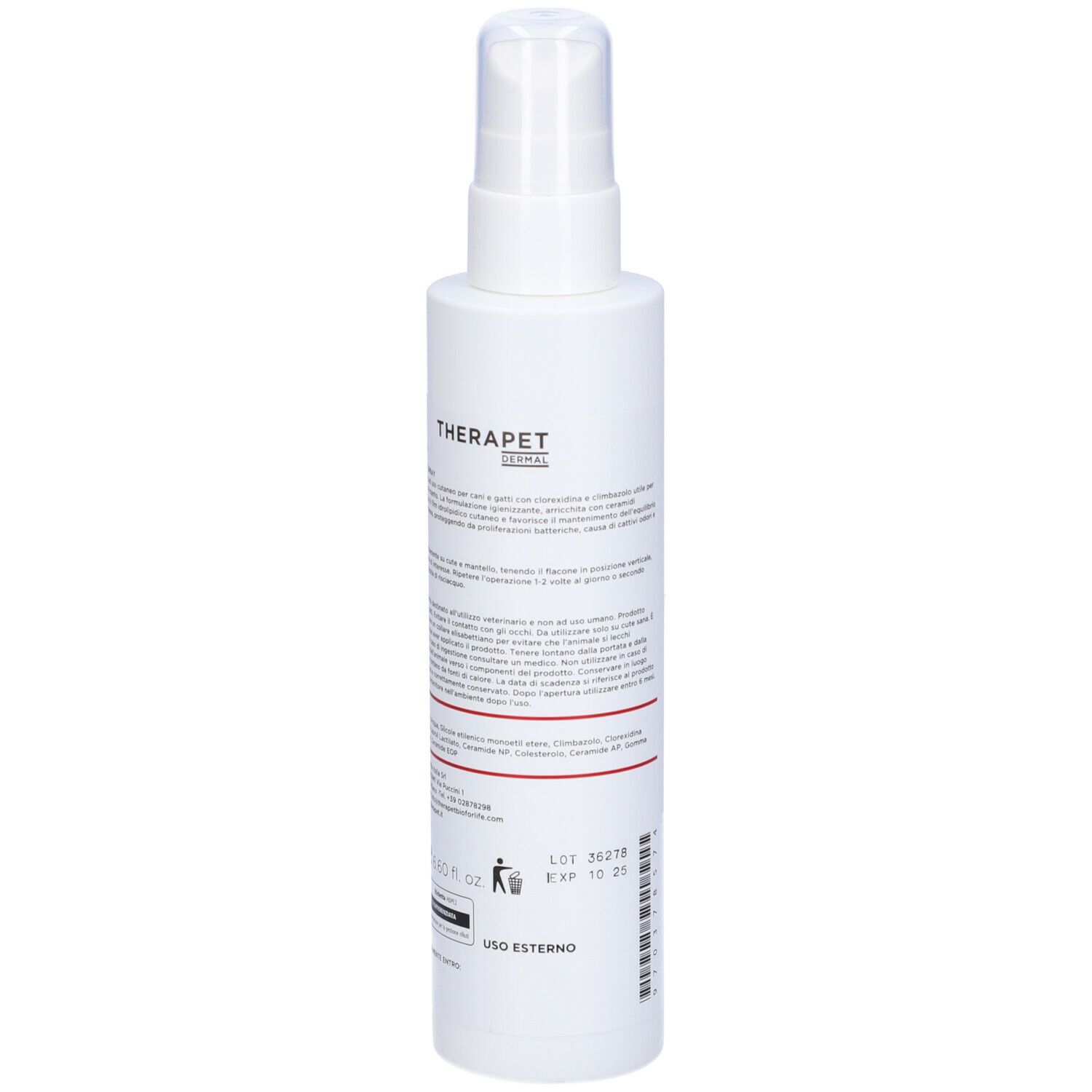 Flacon spray blanc avec étiquette rouge. Inscription: THERAMICOTIC SPRAY, THERAPET. Texte et code-barres au dos.