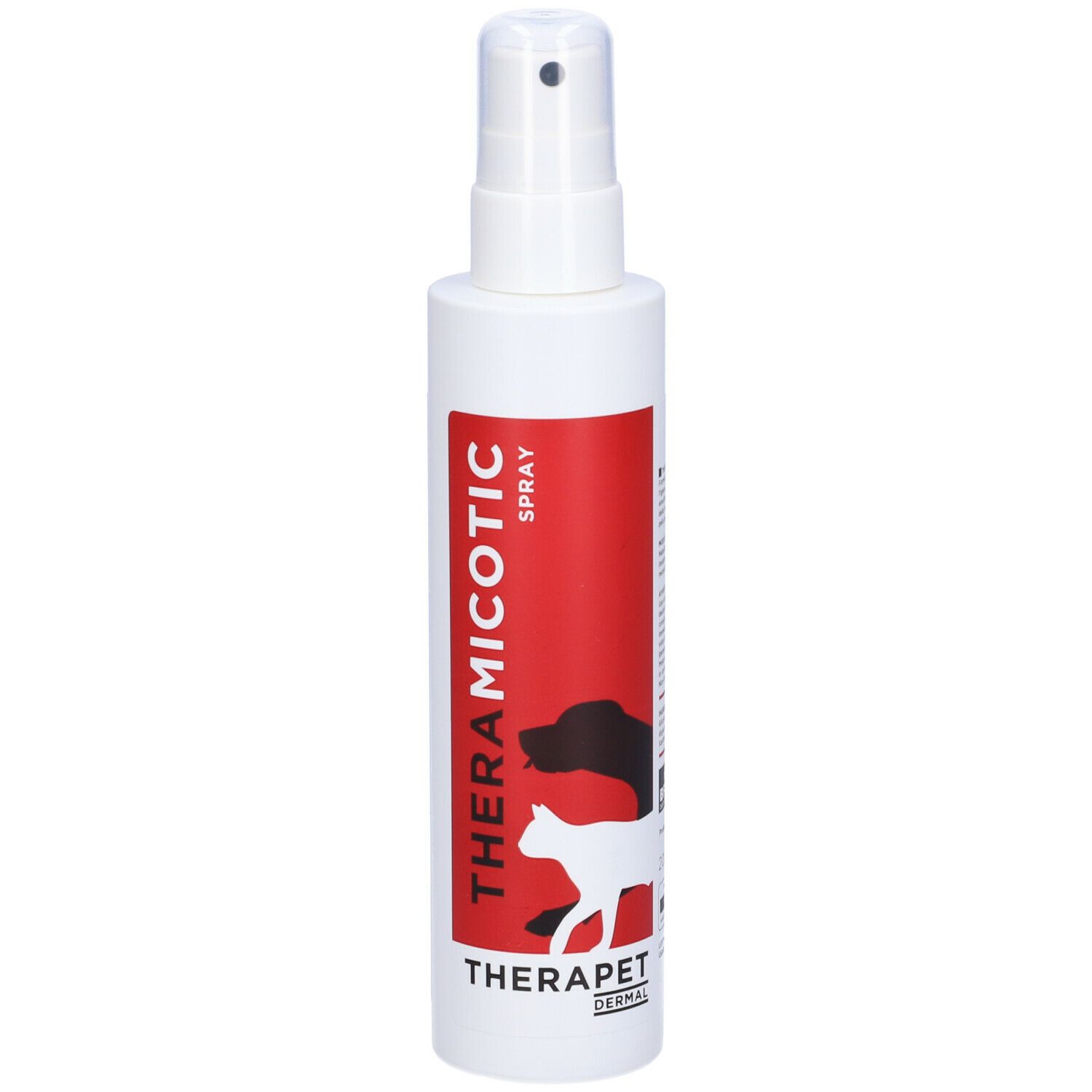 Flacon spray blanc avec étiquette rouge. Inscription: THERAMICOTIC SPRAY, THERAPET DERMAL. Illustration chien et chat.