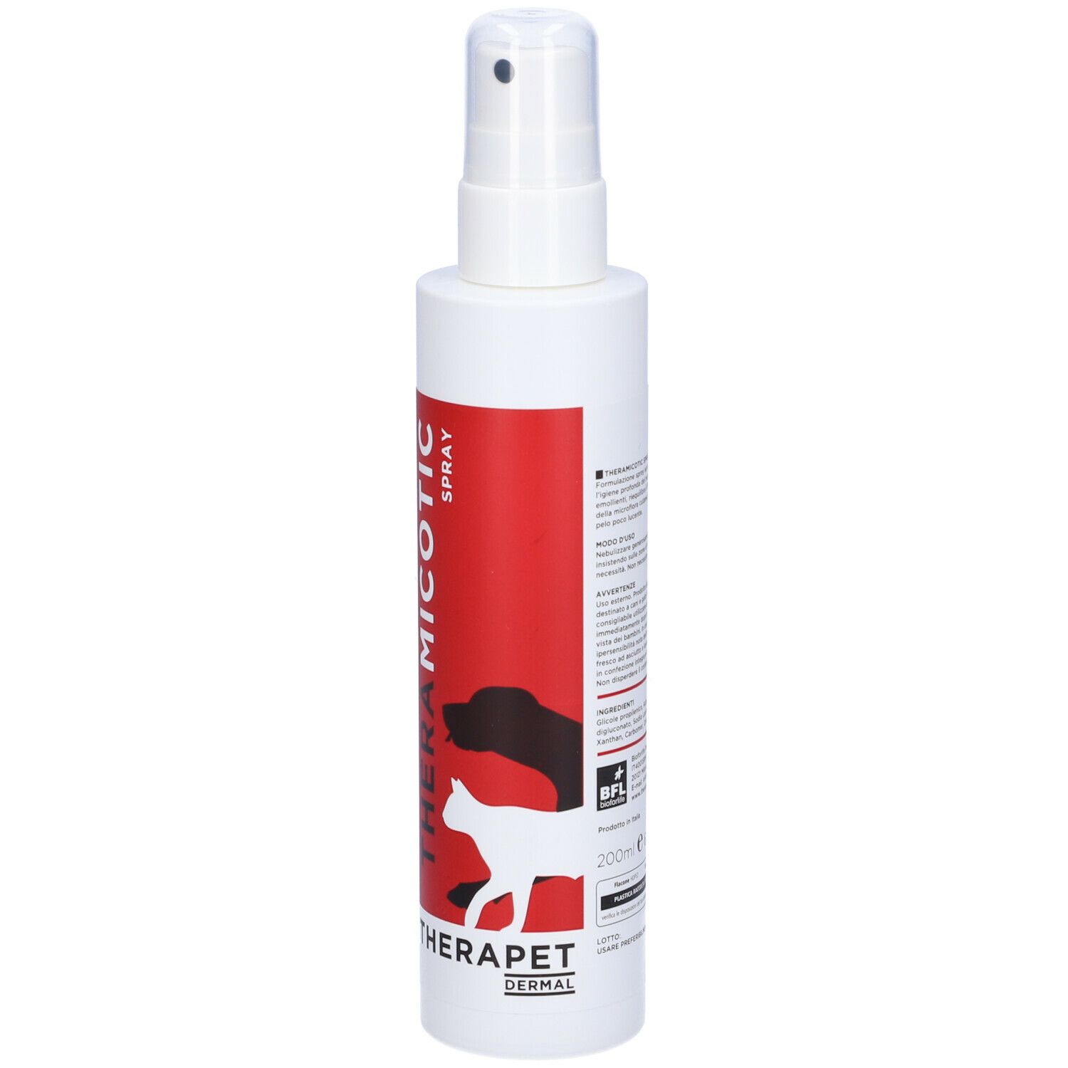 Flacon spray blanc avec étiquette rouge. Inscription: THERAMICOTIC SPRAY, THERAPET. Logo BFL et indication de volume 200ml.