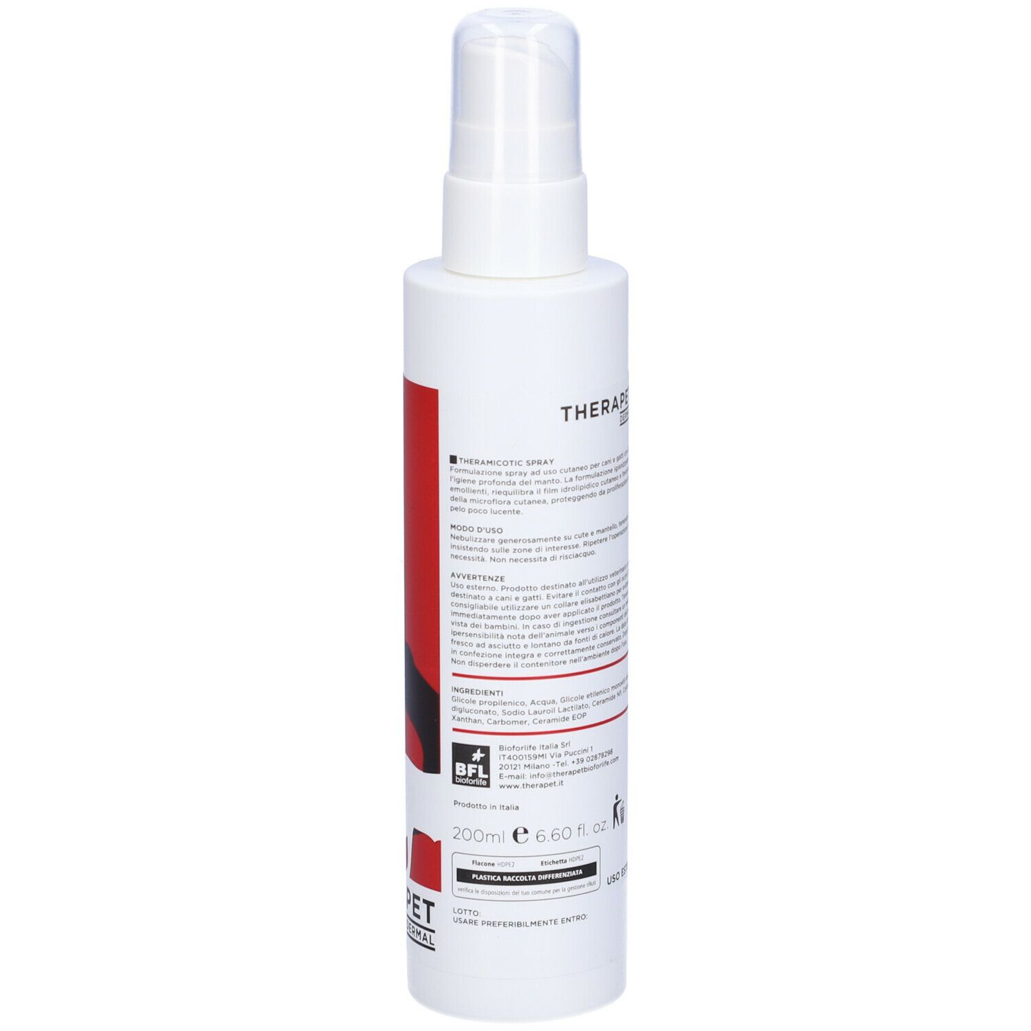 Flacon spray blanc avec étiquette rouge. Inscription: THERAMICOTIC SPRAY, THERAPET. Logo BFL, volume 200ml et texte.