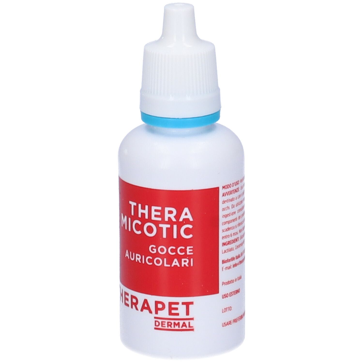 Flacon blanc avec étiquette rouge. Inscription: THERAMICOTIC Gocce Auricolari. Marque: THERAPET DERMAL. Avec instructions.