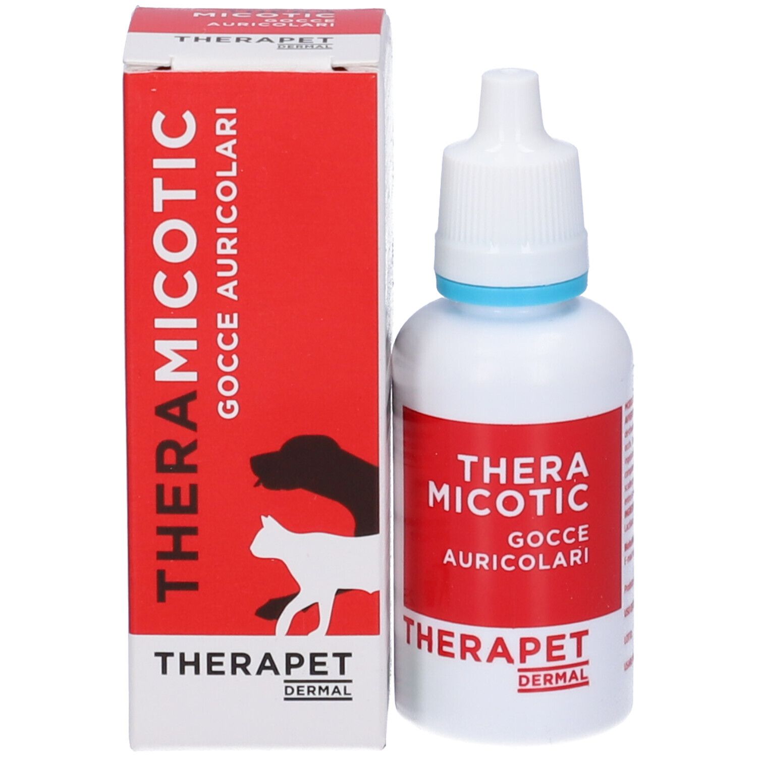 Emballage et flacon. Inscription: THERAMICOTIC Gocce Auricolari. Marque: THERAPET DERMAL. Avec silhouette d'animaux.
