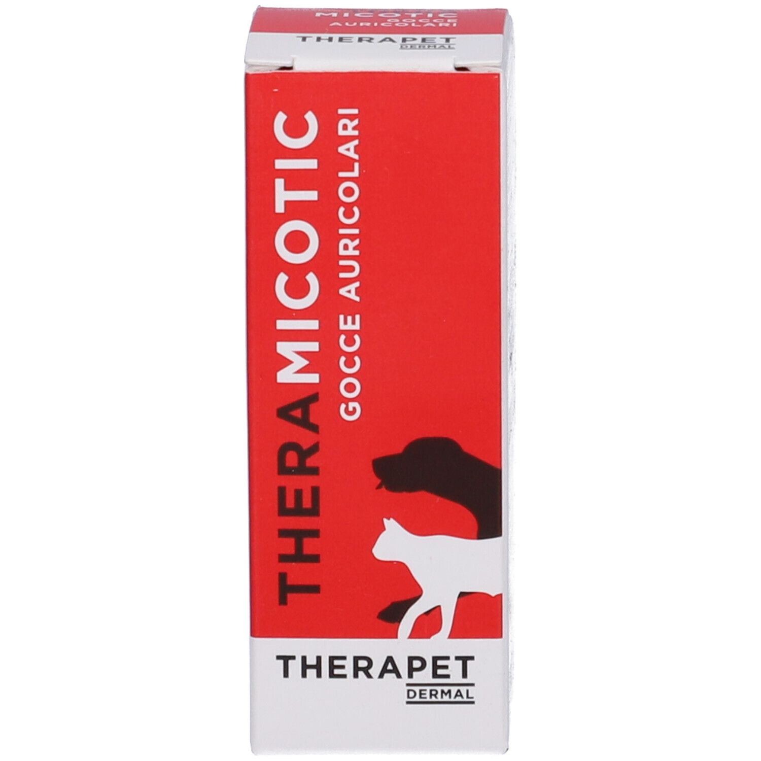 Emballage du produit. Inscription: THERAMICOTIC Gocce Auricolari. Marque: THERAPET DERMAL. Avec silhouette d'animaux.