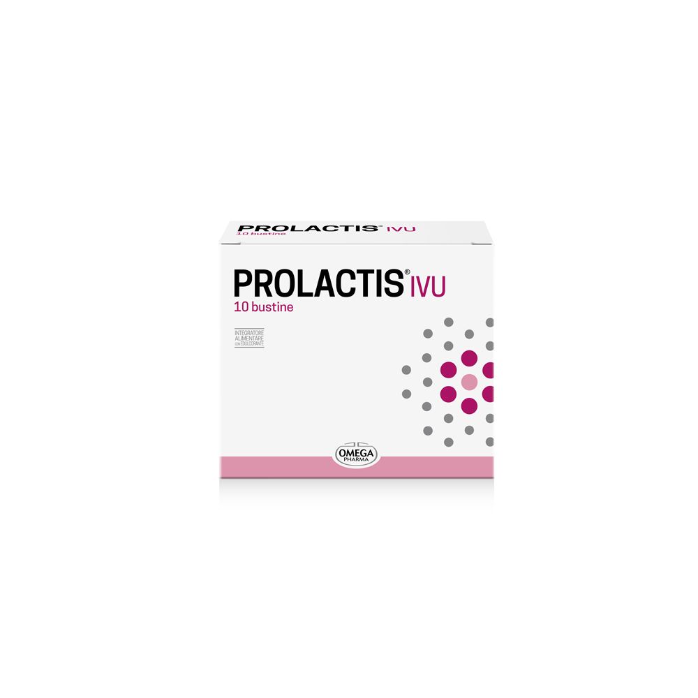 Schachtel Prolactis® ivu® Bustine. Weiß, rosa Akzent. Text: Prolactis ivu, 10 bustine, Omega Pharma.
