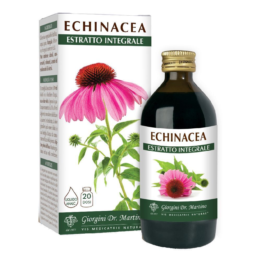 Braune Glasflasche mit Etikett. Auf dem Etikett steht "Echinacea Estratto Integrale". Daneben eine Schachtel mit gleichem Design.