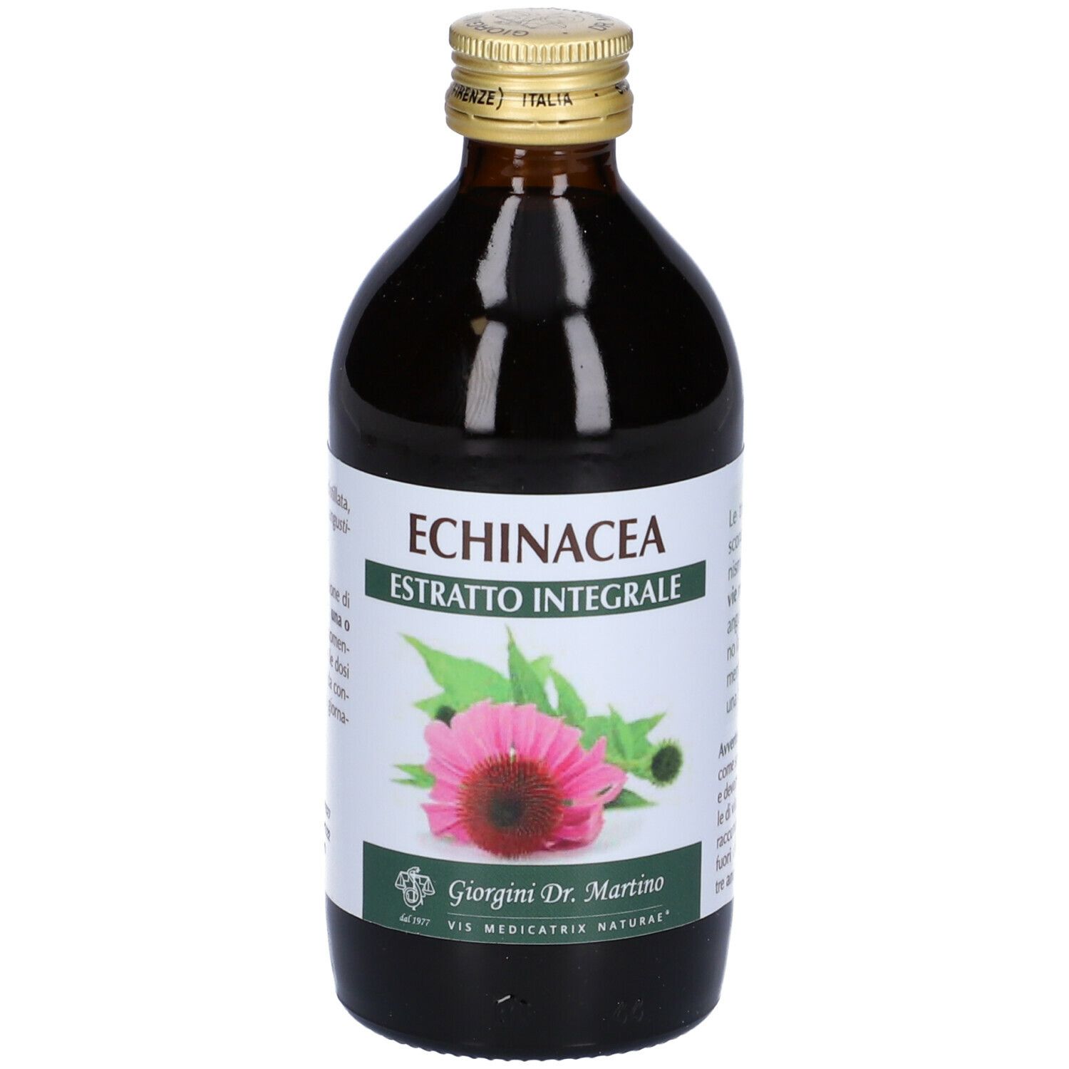 Braune Glasflasche mit Etikett "Echinacea Estratto Integrale". Goldfarbener Schraubverschluss. Abgebildet ist eine Echinacea-Blüte.