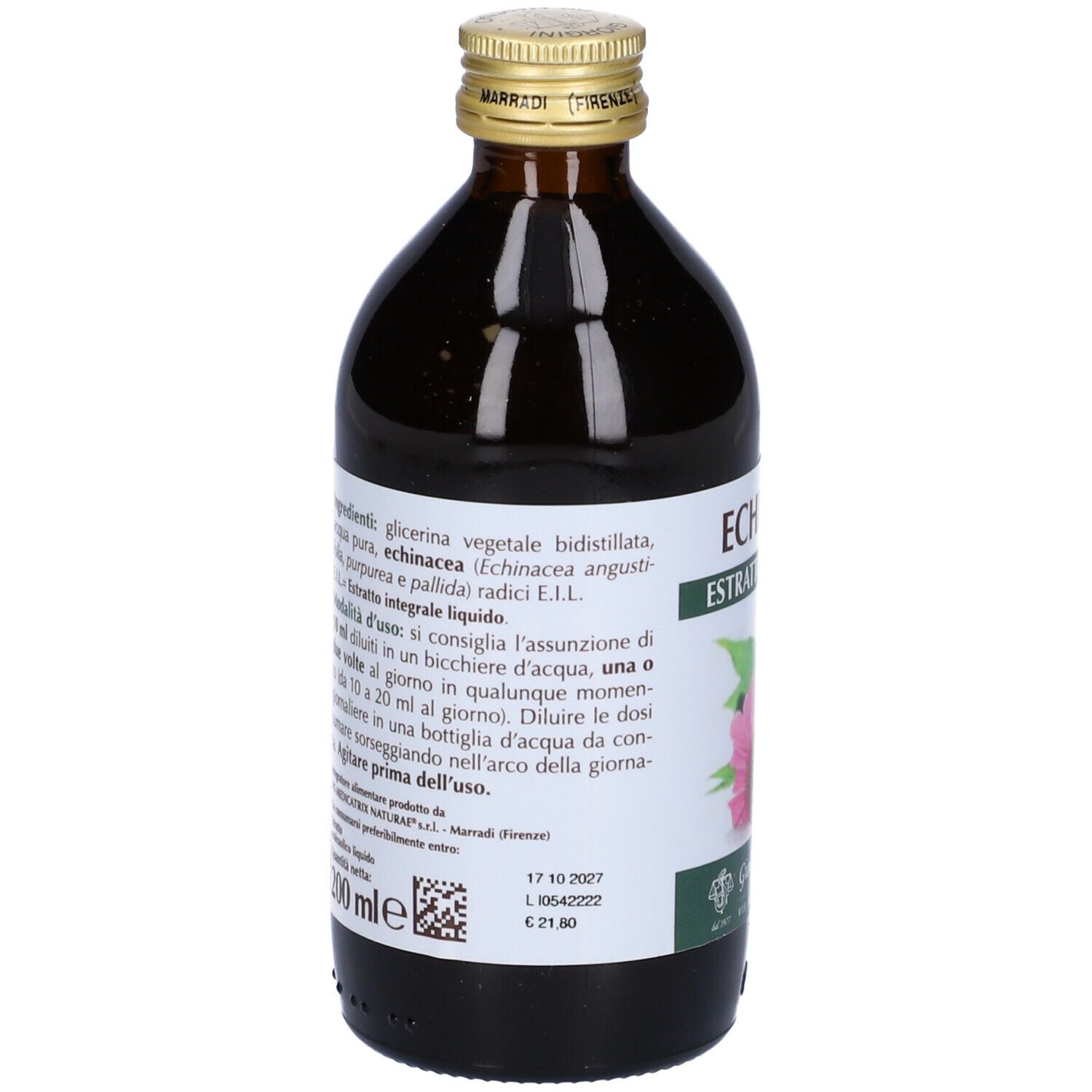 Braune Glasflasche mit Etikett. Text: "Echinacea Estratto Integrale". Auf dem Etikett sind Inhaltsstoffe und Anwendungshinweise abgebildet.