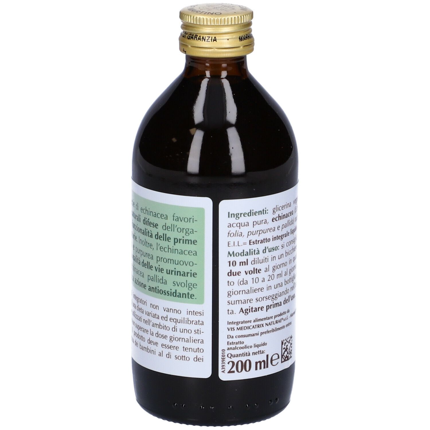 Braune Glasflasche mit Etikett. Text: "Echinacea Estratto Integrale". Auf dem Etikett sind Inhaltsstoffe und Anwendungshinweise abgebildet.