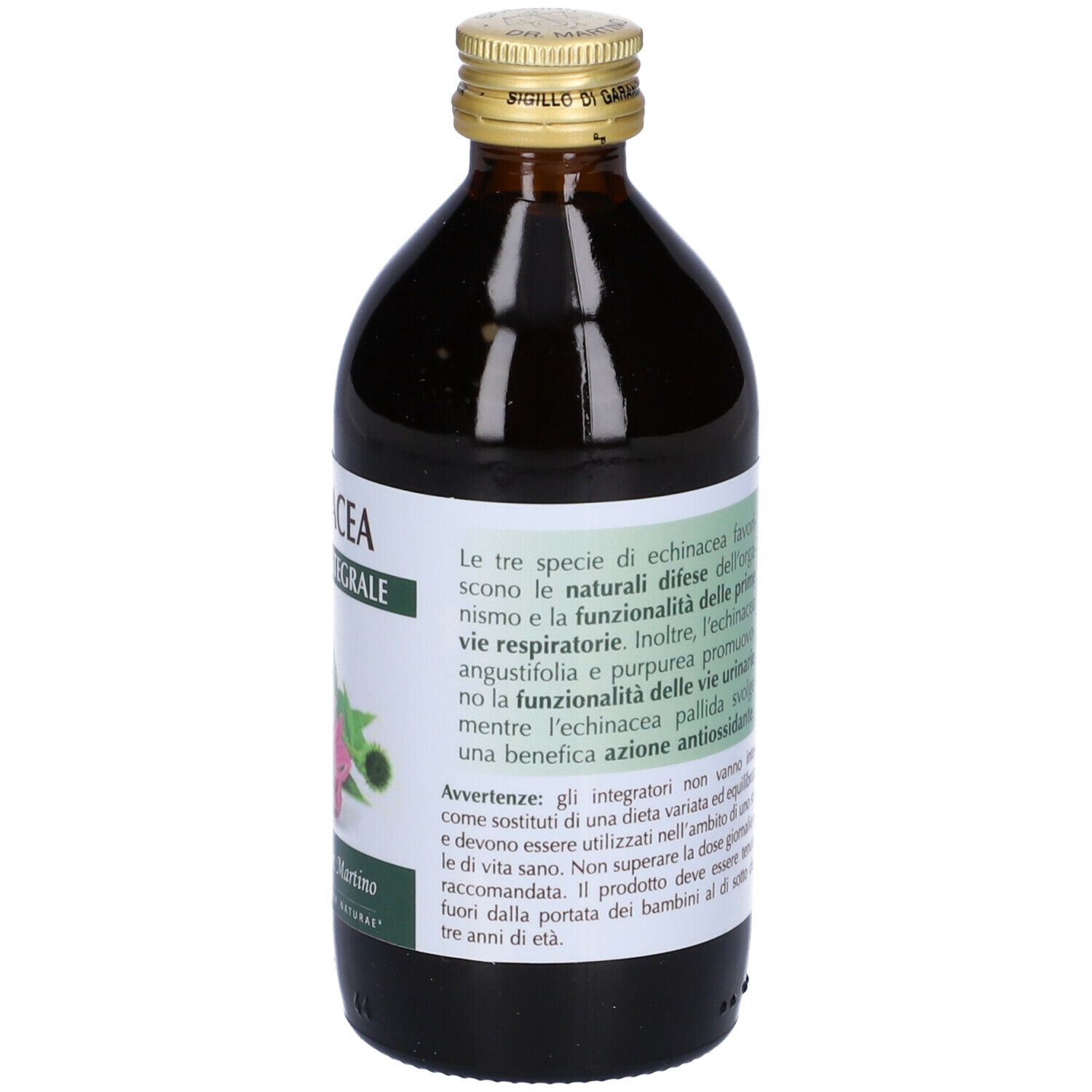 Braune Glasflasche mit Etikett. Text: "Echinacea Estratto Integrale". Auf dem Etikett sind Anwendungshinweise abgebildet.