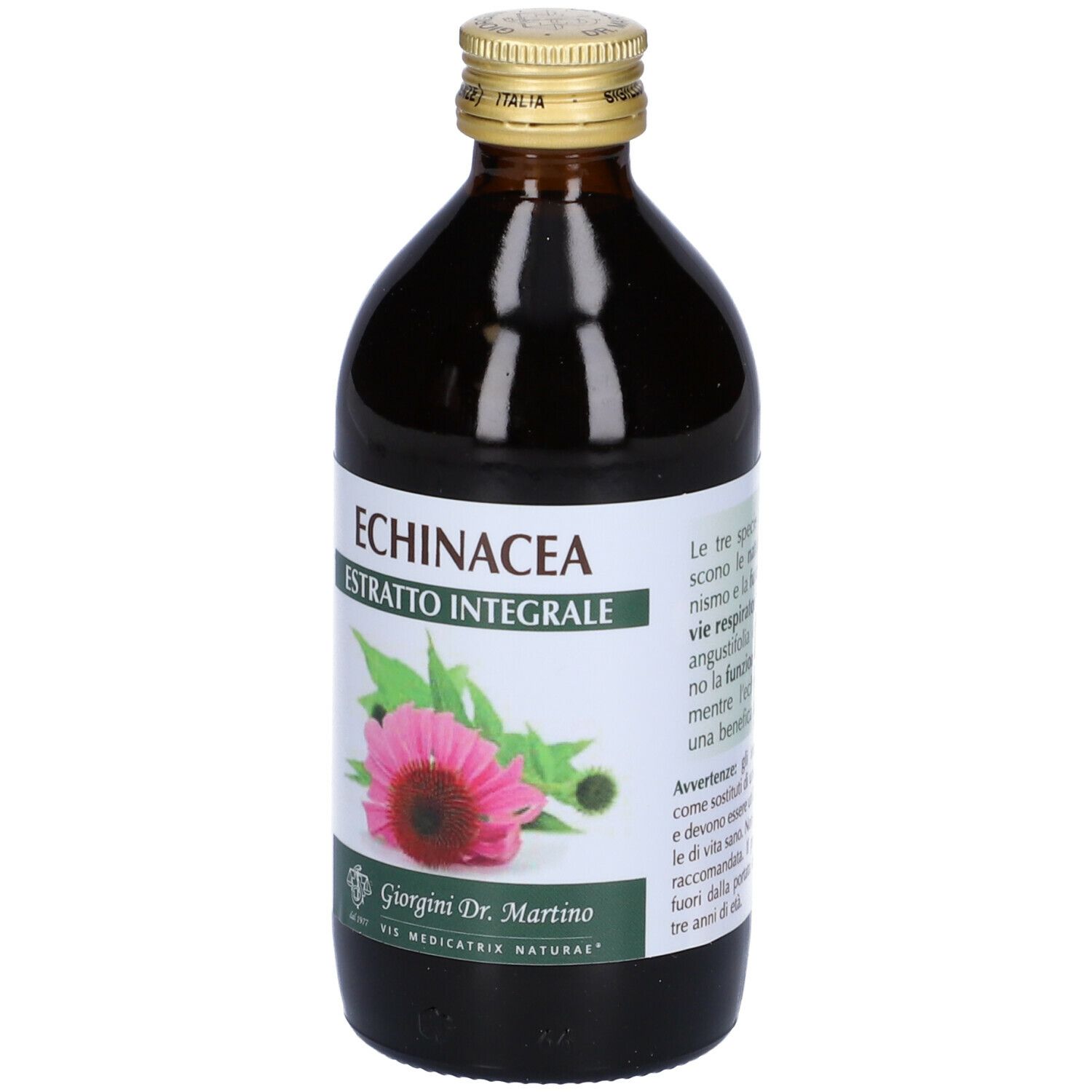 Braune Glasflasche mit Etikett. Text: "Echinacea Estratto Integrale". Auf dem Etikett sind Anwendungshinweise abgebildet.
