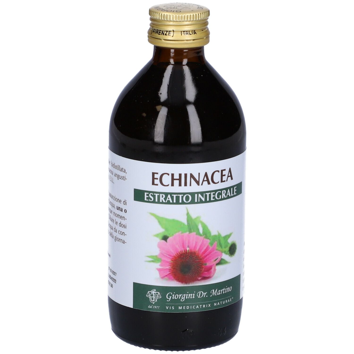 Braune Glasflasche mit Etikett. Text: "Echinacea Estratto Integrale". Auf dem Etikett sind Anwendungshinweise abgebildet.