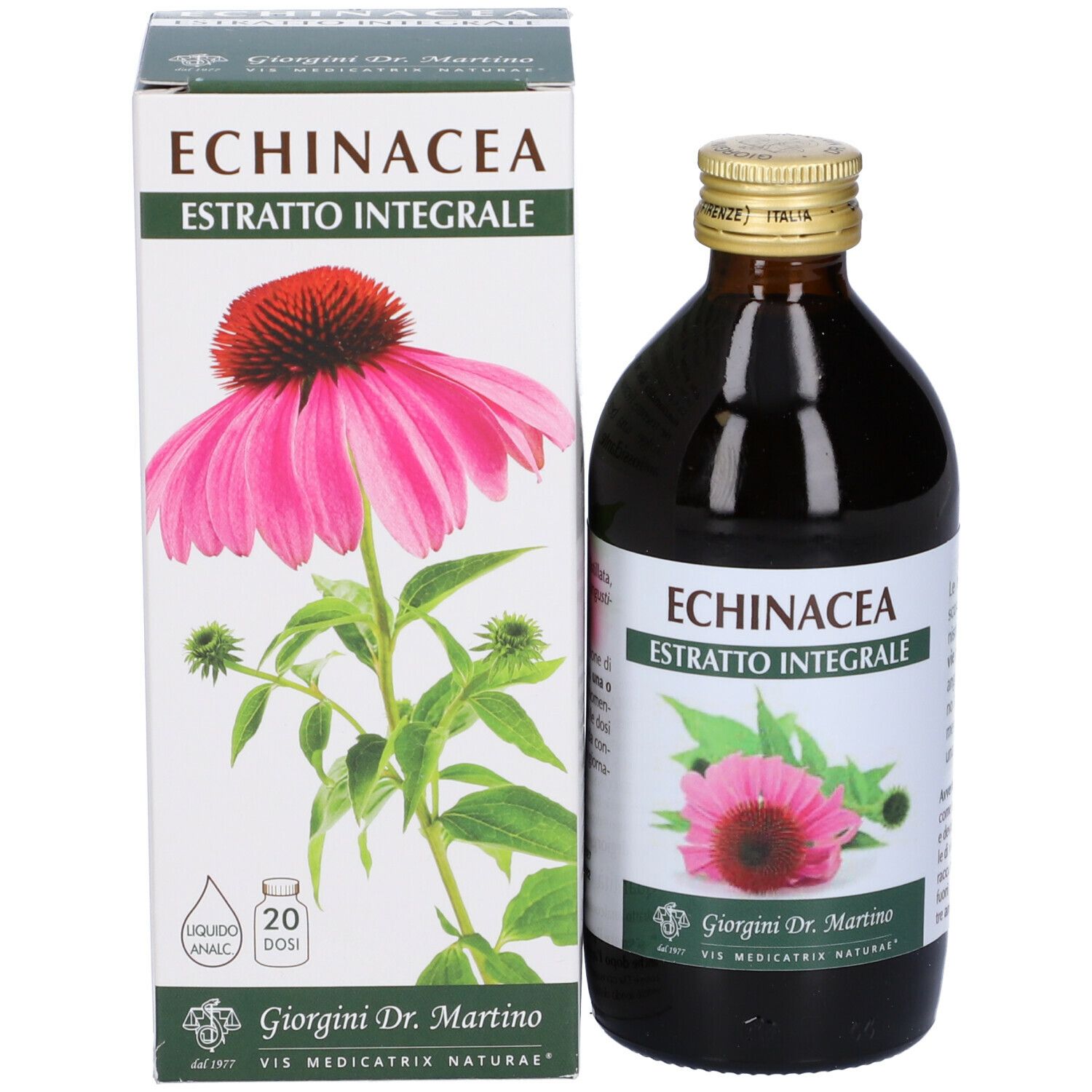Braune Glasflasche mit Etikett "Echinacea Estratto Integrale" und eine Schachtel mit gleichem Design.