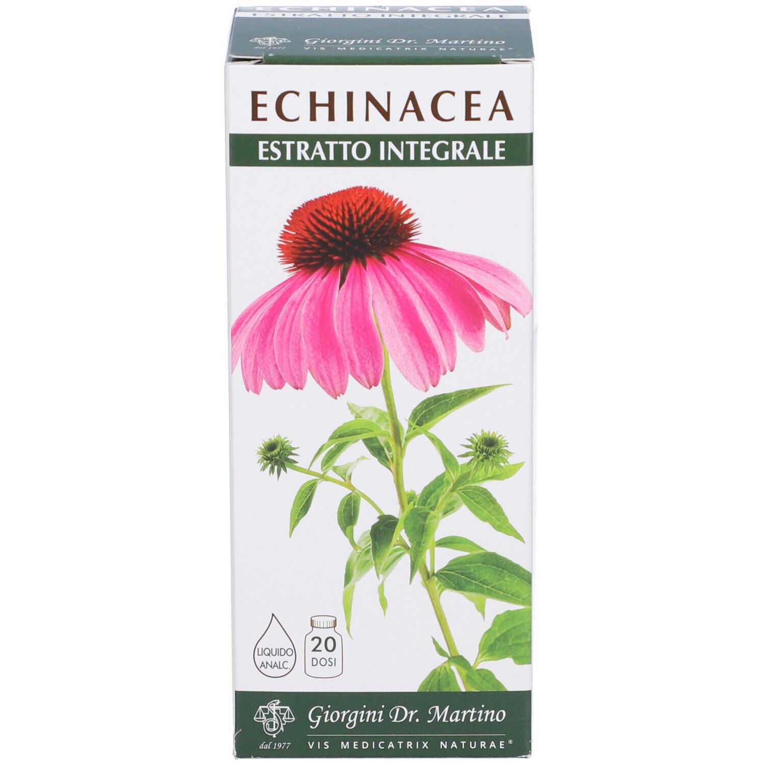 Schachtel mit "Echinacea Estratto Integrale". Abgebildet ist eine Echinacea-Blüte. Auf der Schachtel steht "20 Dosi".