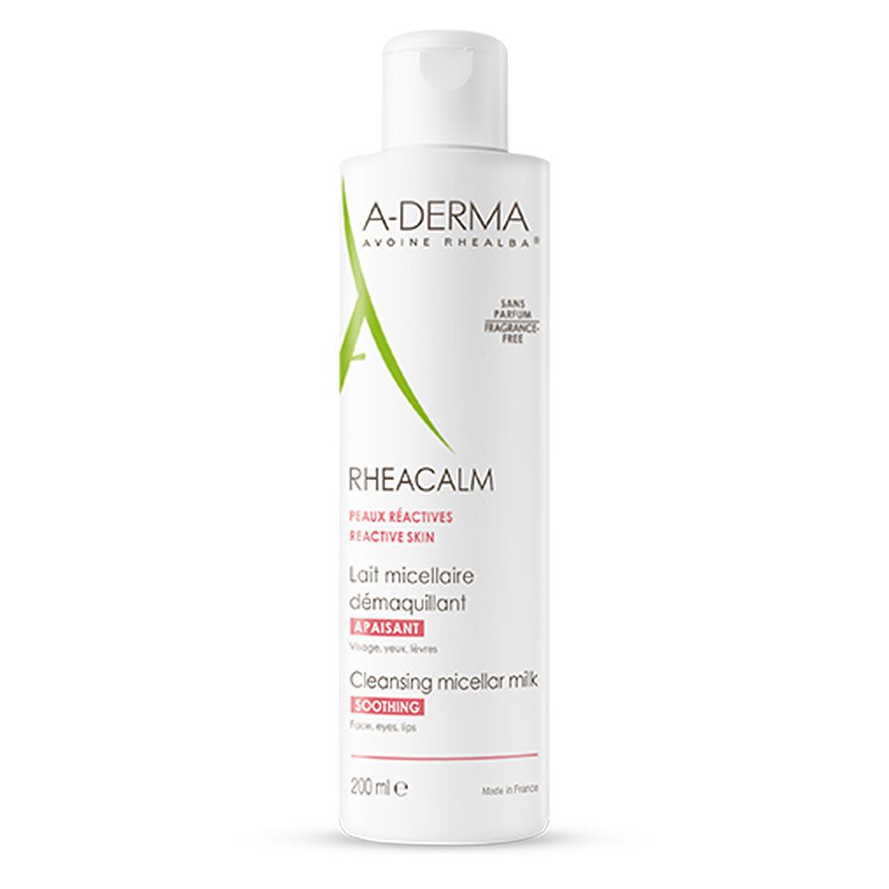 Flacon blanc A-DERMA Rheacalm. Inscription: Lait micellaire démaquillant, Cleansing micellar milk. 200 ml.