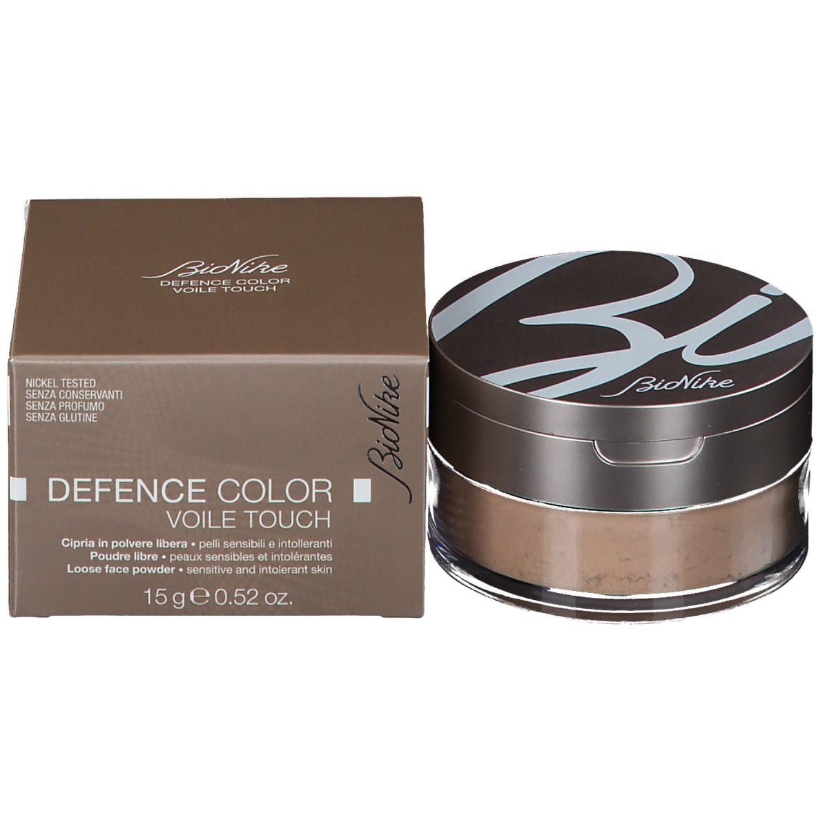 BioNike Defence Color Voile Touch Puder. Dose und Verpackung. Text auf Verpackung. Braune Farbe.