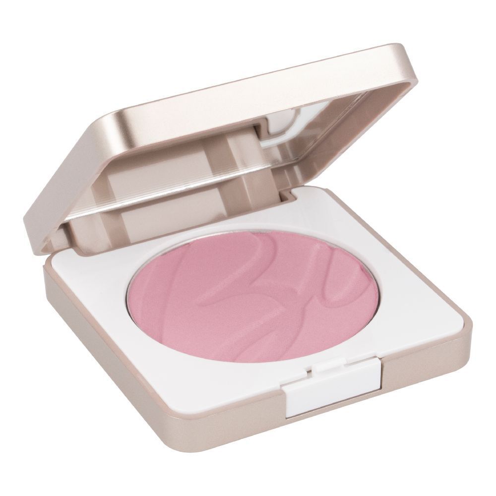 Rosa Kompaktpuder-Blush in quadratischer Dose mit Spiegel. Deckel geöffnet.
