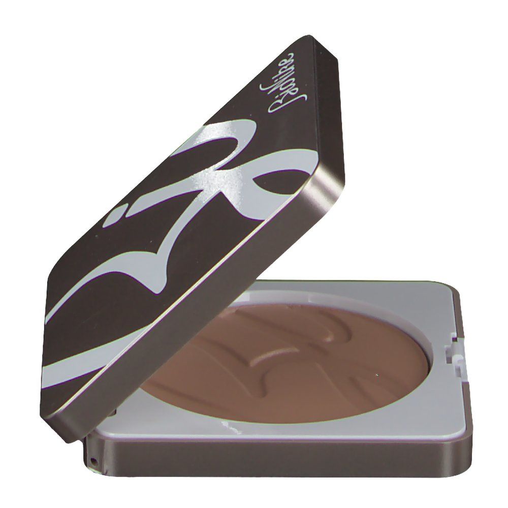 Geöffnete Kompaktpuder-Hülle. Braune Puderfarbe. Deckel mit weißem Logo und Schriftzug.