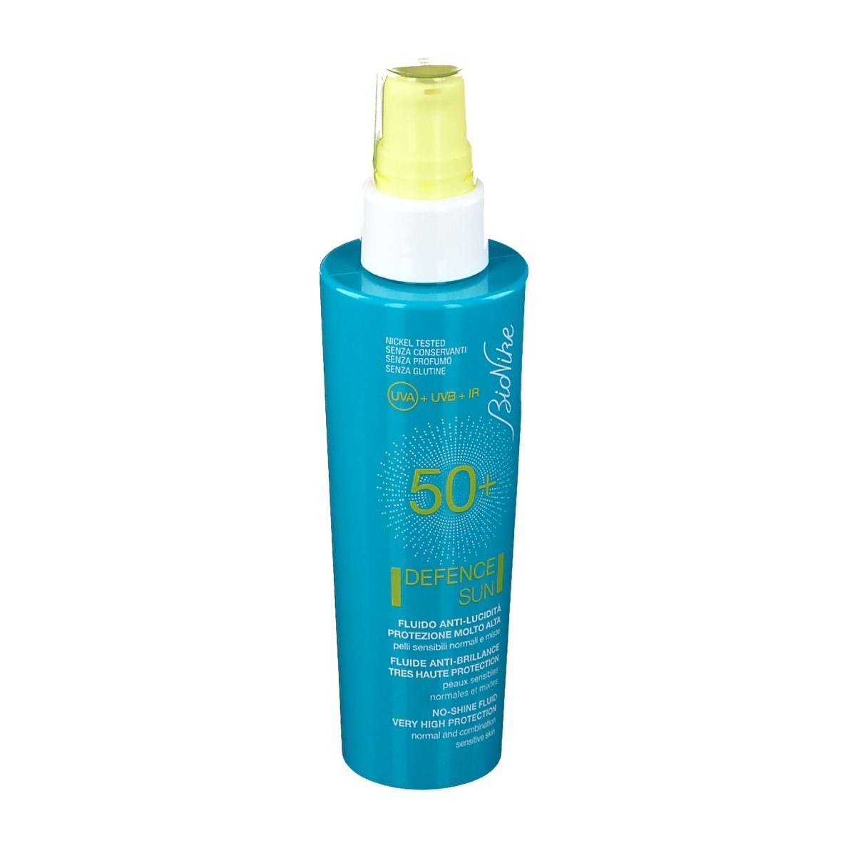 Türkisblaue Flasche mit gelbem Sprühkopf. Aufschrift: 50+, Defence Sun, Bionike. Sonnenschutzmittel.