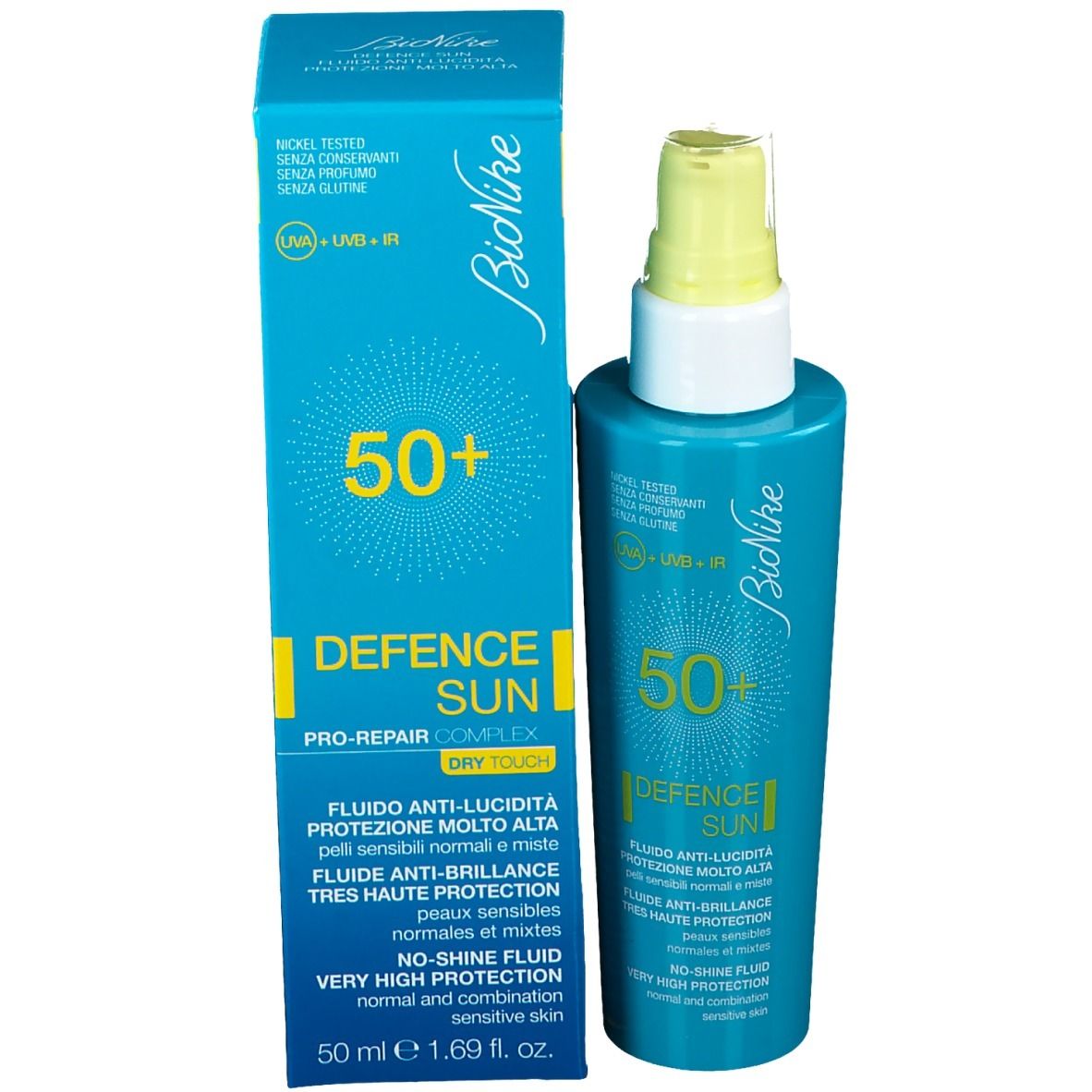Türkisblaue Schachtel und Flasche mit gelbem Sprühkopf. Aufschrift: 50+, Defence Sun, Bionike. Sonnenschutzmittel.