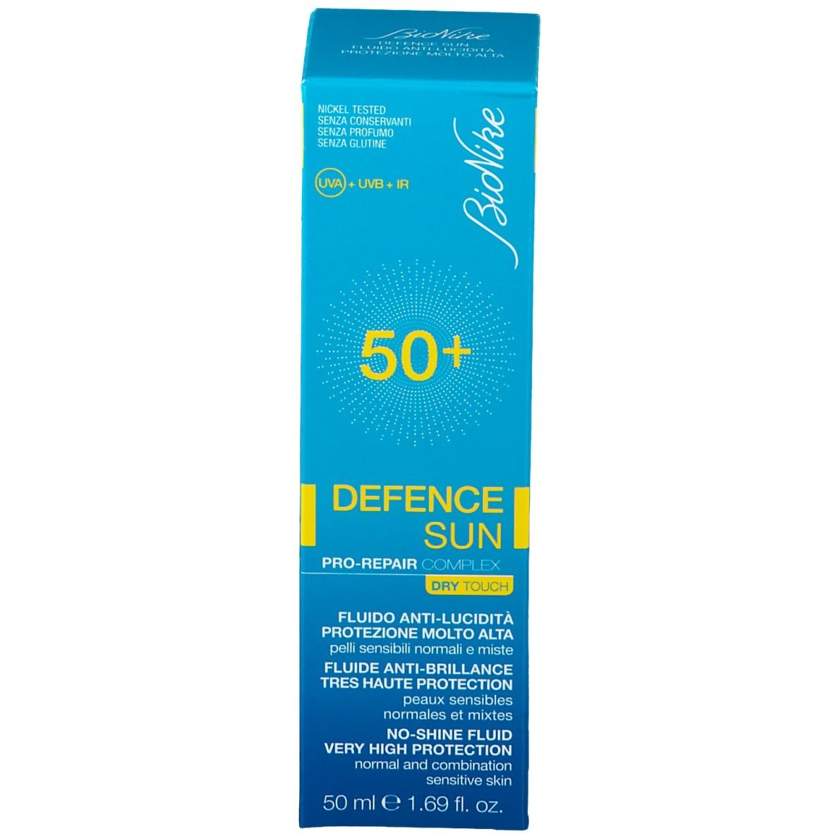 Türkisblaue Schachtel. Aufschrift: 50+, Defence Sun, Bionike. Sonnenschutzmittel.