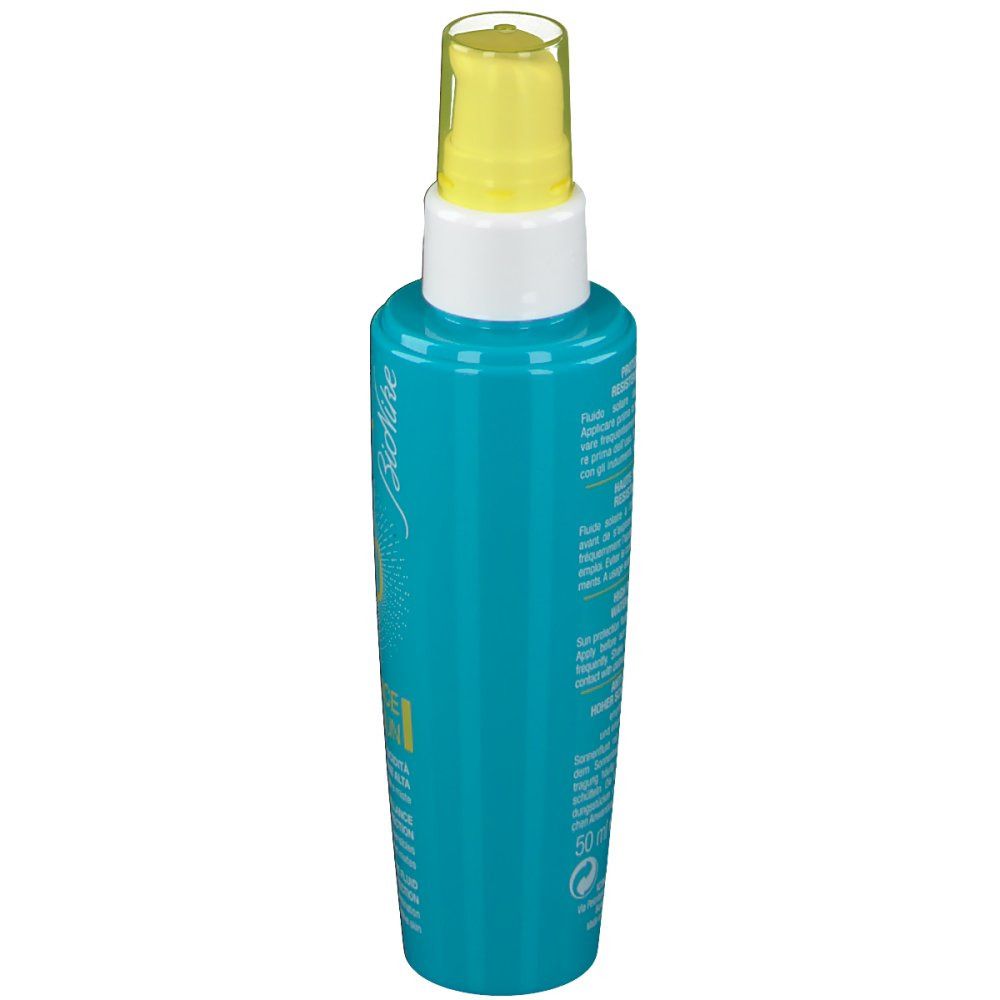 Türkisgrüne Flasche mit gelbem Sprühkopf. Auf der Seite Text. Bionike Logo. 50 ml.