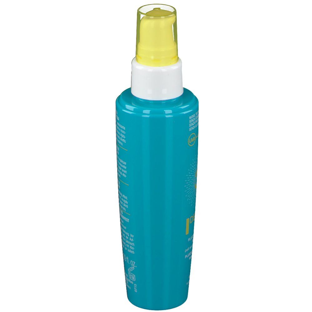 Türkisgrüne Flasche mit gelbem Sprühkopf. Auf der Seite Text. Bionike Logo. 50 ml.