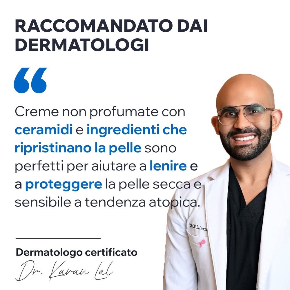 Arzt mit Text. Text: Creme non profumate con ceramidi e ingredienti che ripristinano la pelle sono perfetti per lenire e proteggere.