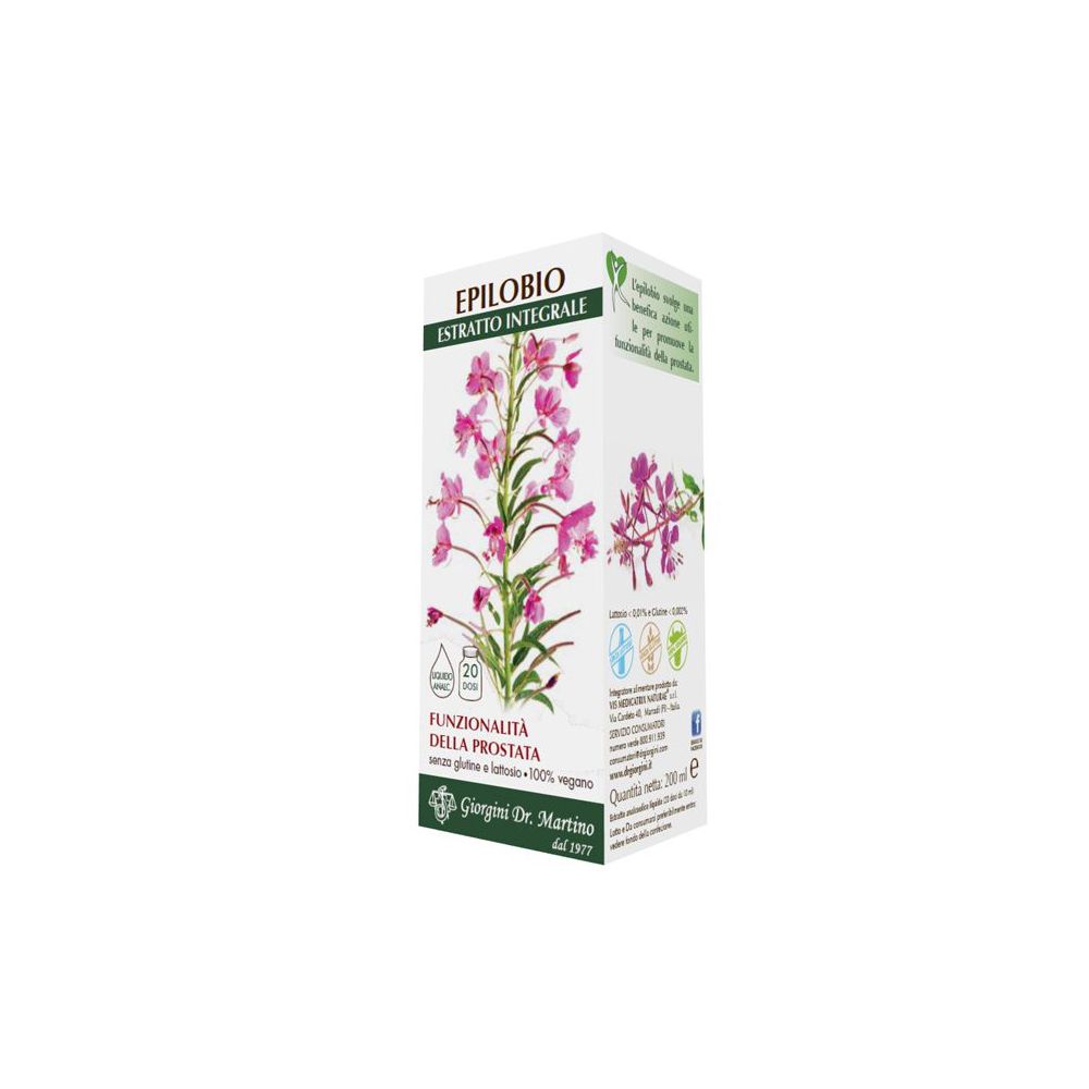 Weißer Karton mit floralem Design und Produktinformationen. Aufschrift: Epilobium, Estratto Integrale.