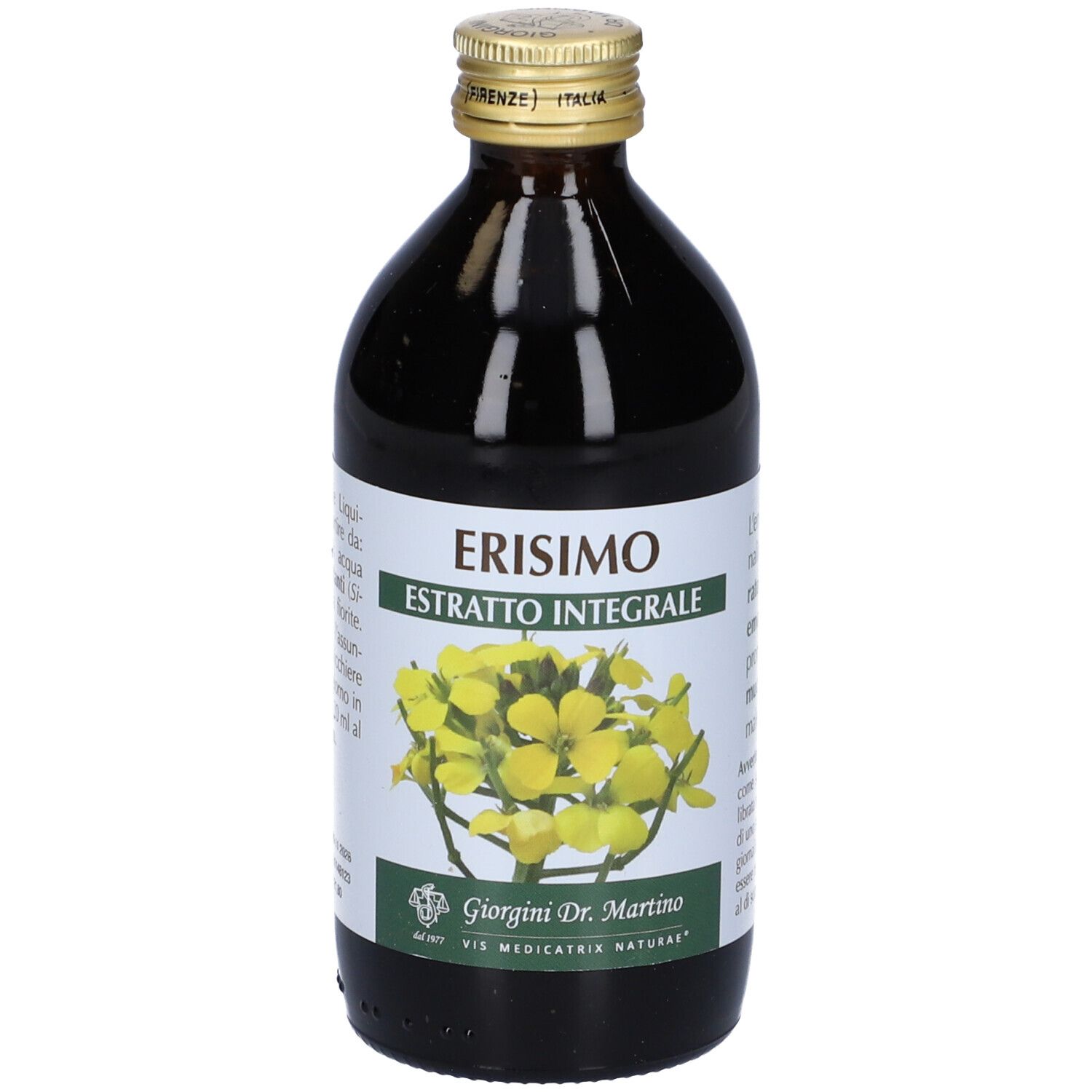 Braune Glasflasche mit Produkt. Aufschrift: Erisimo Estratto Integrale. Gelbe Blüten-Illustration. Marke: Giorgini Dr. Martino.