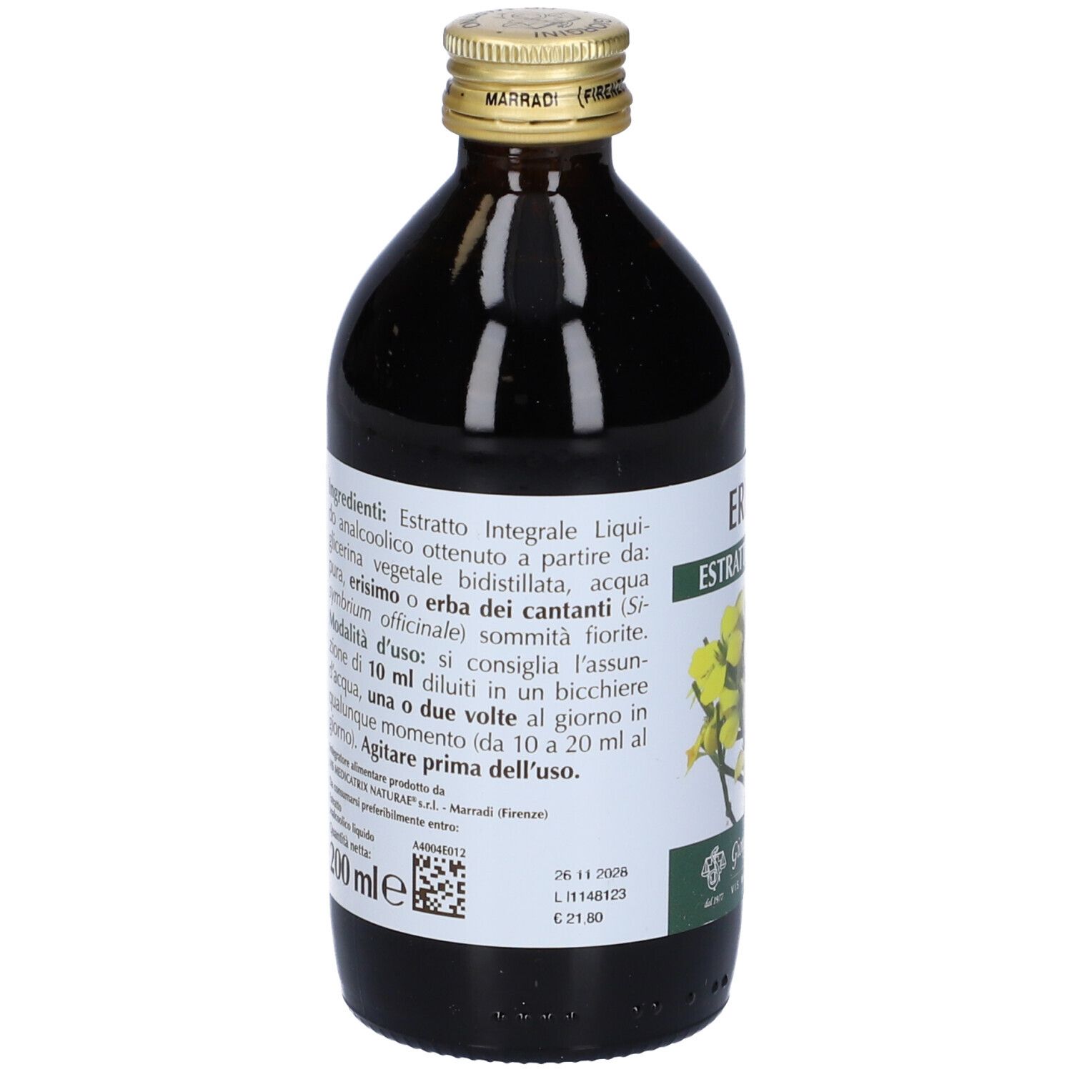 Braune Glasflasche mit Produkt. Aufschrift: Erisimo Estratto Integrale. Etikett mit Text. Marke: Giorgini Dr. Martino. Goldfarbener Verschluss.