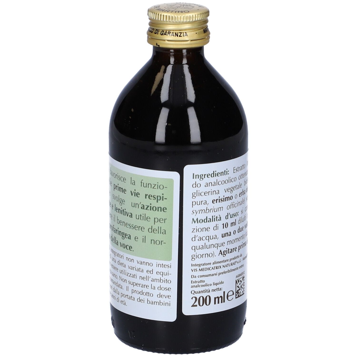 Braune Glasflasche mit Produkt. Aufschrift: Erisimo Estratto Integrale. Etikett mit Text. Marke: Giorgini Dr. Martino. Goldfarbener Verschluss.