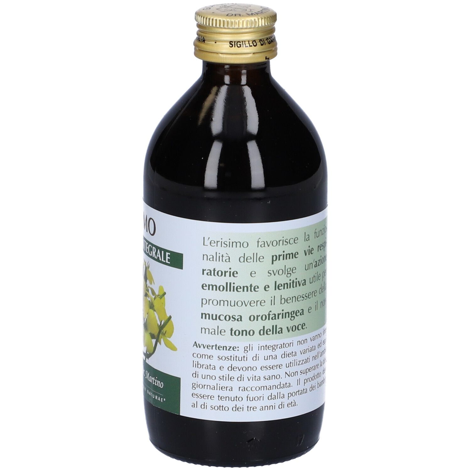 Braune Glasflasche mit Produkt. Aufschrift: Erisimo Estratto Integrale. Etikett mit Text. Marke: Giorgini Dr. Martino. Goldfarbener Verschluss.