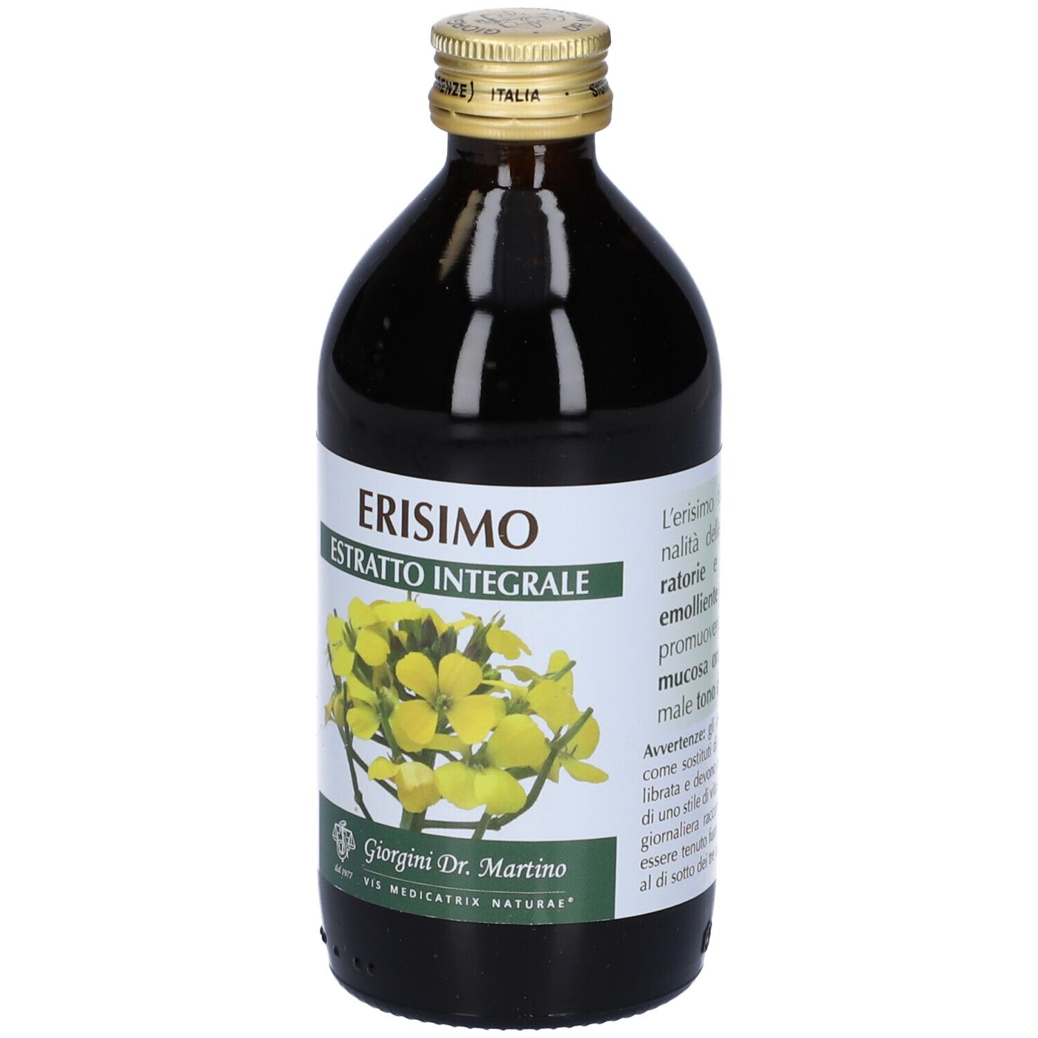 Braune Glasflasche mit Produkt. Aufschrift: Erisimo Estratto Integrale. Etikett mit Text. Marke: Giorgini Dr. Martino. Goldfarbener Verschluss.