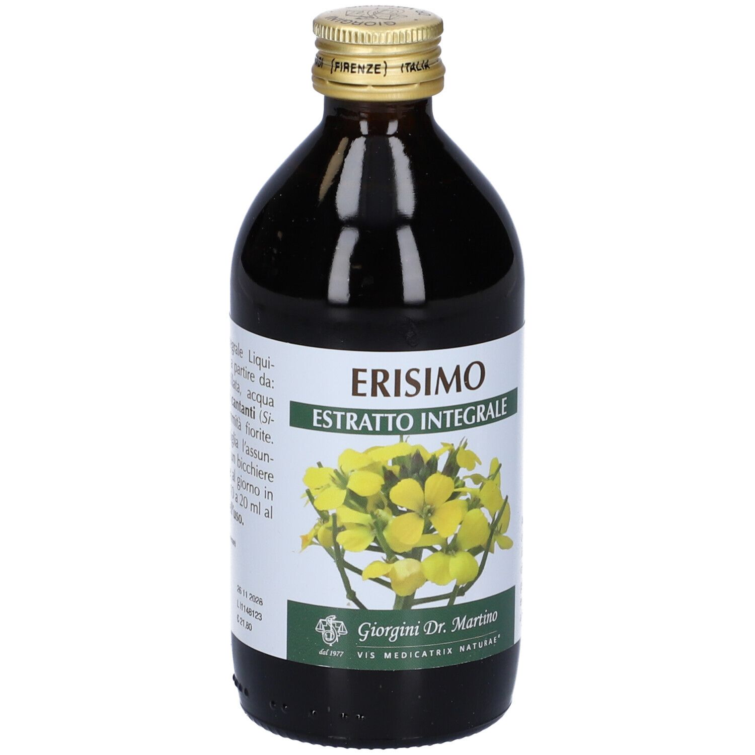 Braune Glasflasche mit Produkt. Aufschrift: Erisimo Estratto Integrale. Etikett mit Text. Marke: Giorgini Dr. Martino. Goldfarbener Verschluss.