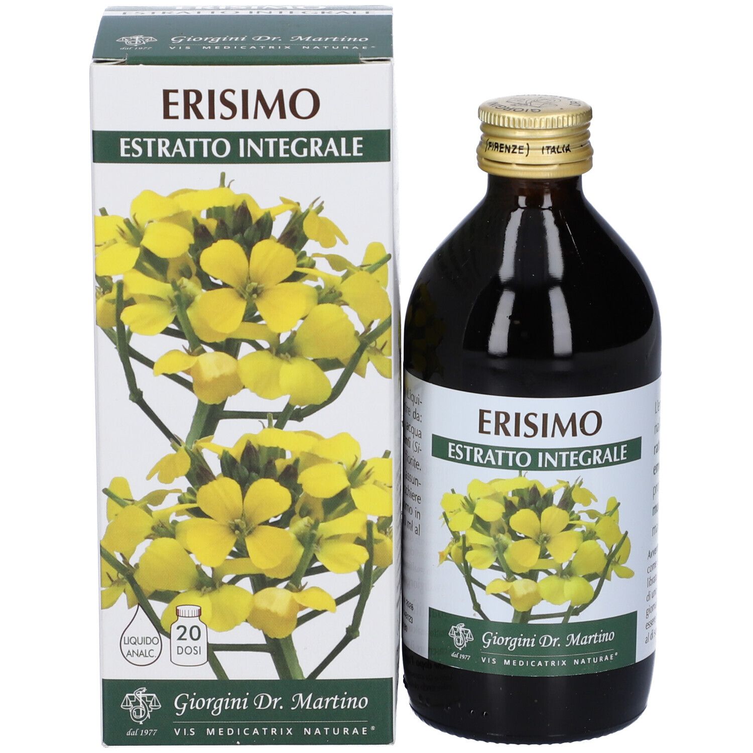 Flasche und Schachtel mit Produkt. Aufschrift: Erisimo Estratto Integrale. Abbildung gelber Blüten. Marke: Giorgini Dr. Martino. Goldfarbener Verschluss.